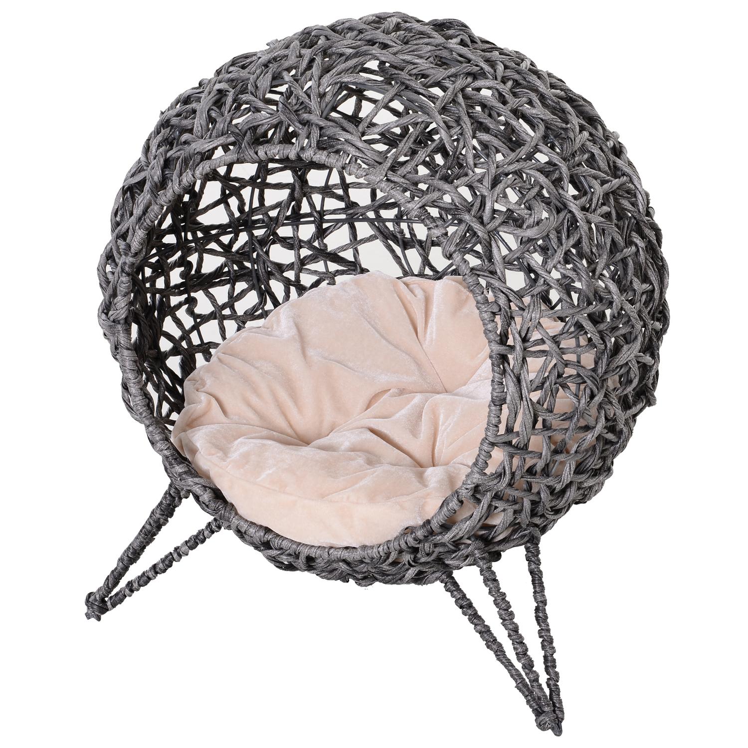 Rottingkatthus med kuddar, upphöjd, silvergrå 52x58 cm