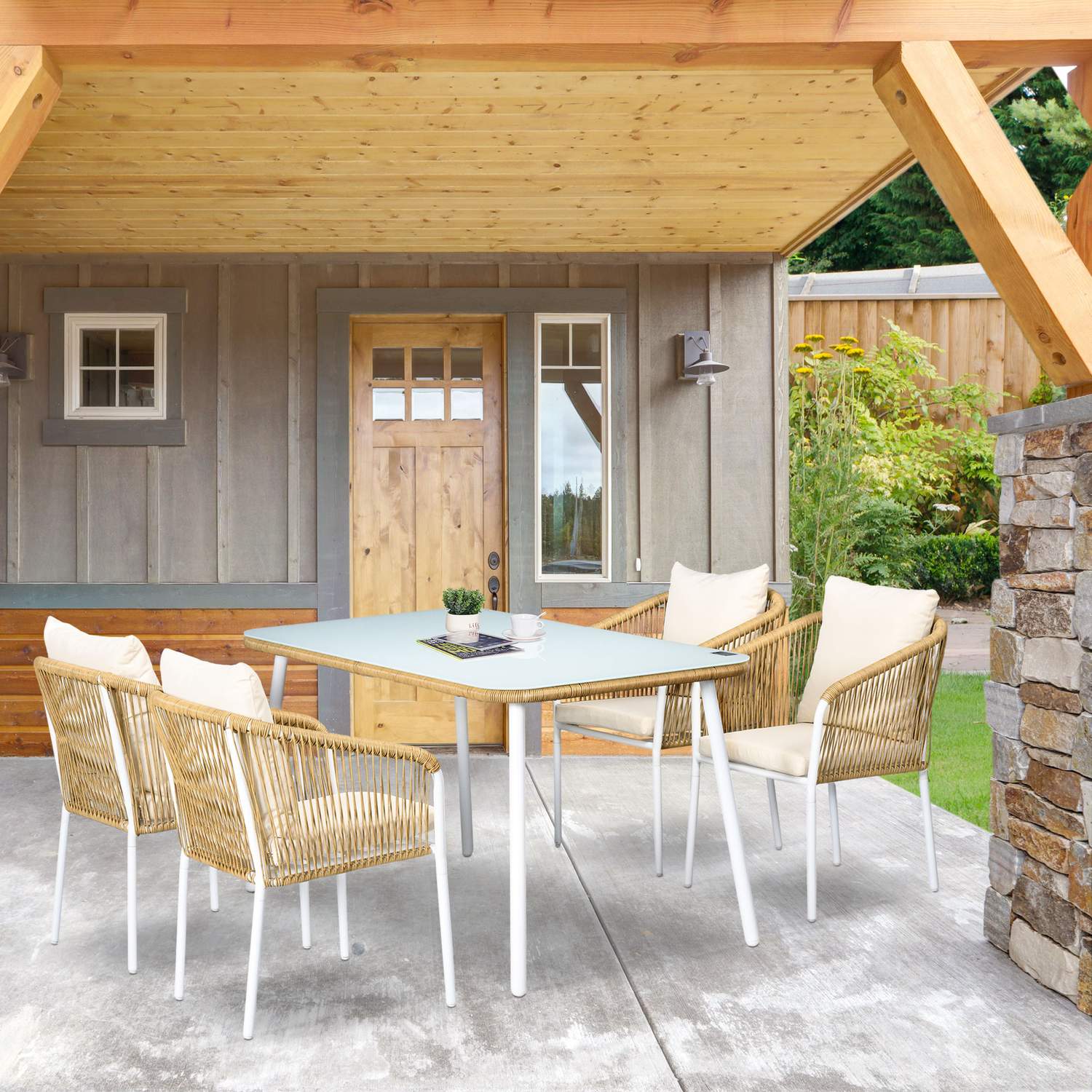 Rotting trädgårdsmatsalsset, 5 st, glasbord & kuddar