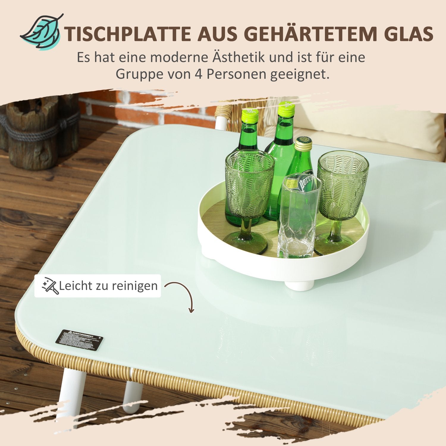 Rotting trädgårdsmatsalsset, 5 st, glasbord & kuddar