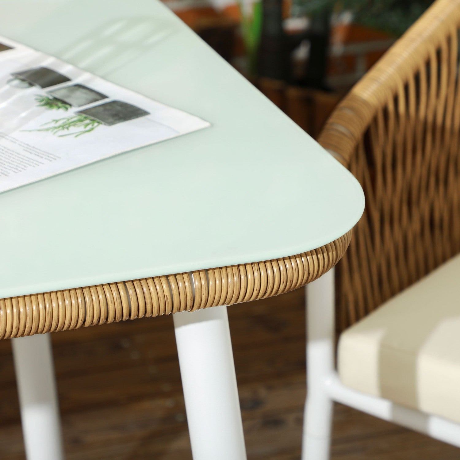 Rotting trädgårdsmatsalsset, 5 st, glasbord & kuddar