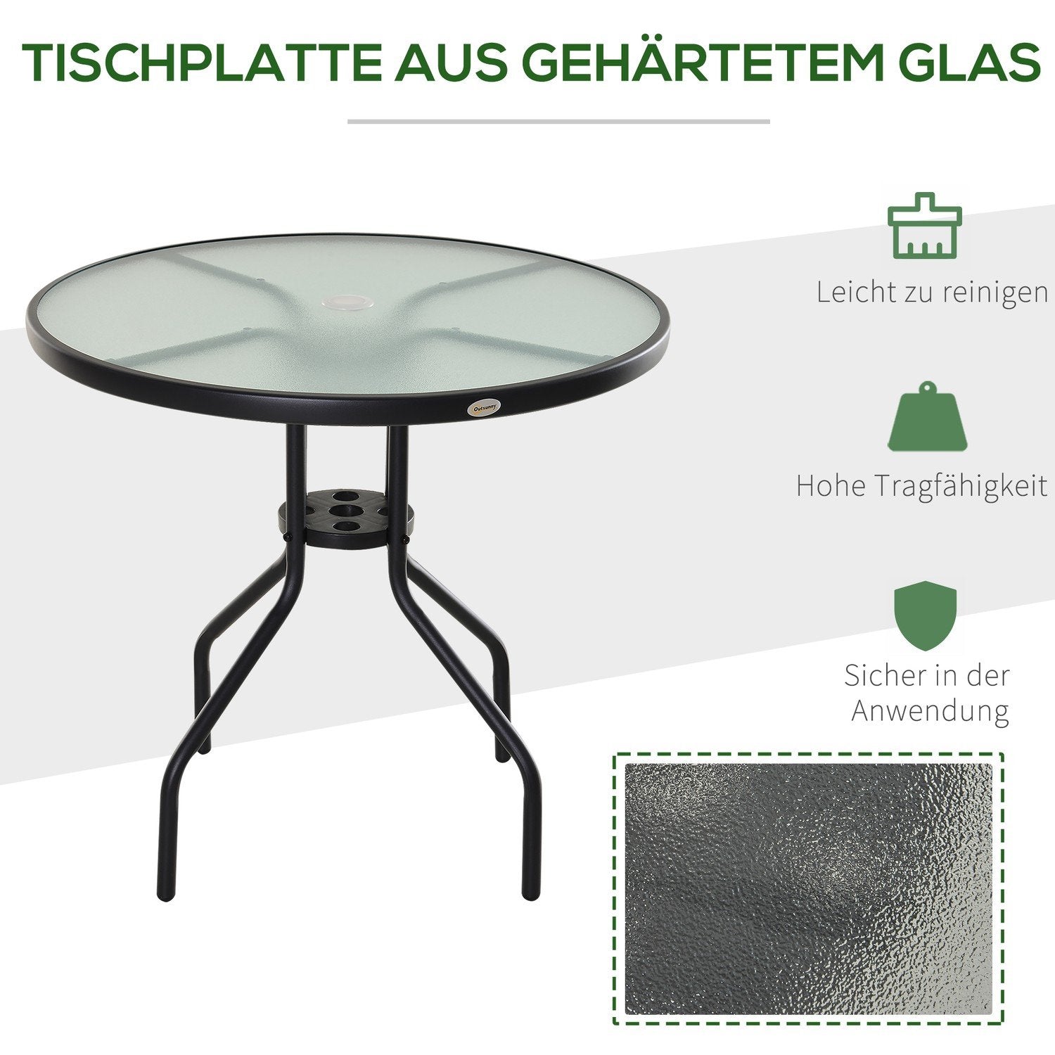 Trädgårdsbord, Balkongbord, Bistrobord Med Paraplyhål, Härdat Glas + Metall, Svart, Diameter 80 X 72 Cm