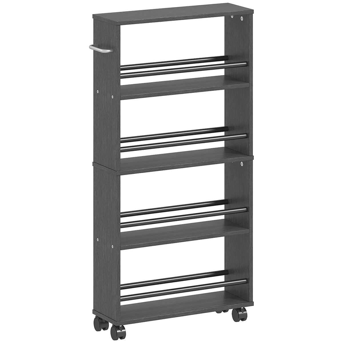 Rullande förvaringshylla, smal design, 4 våningar, 45x15x91 cm, svart