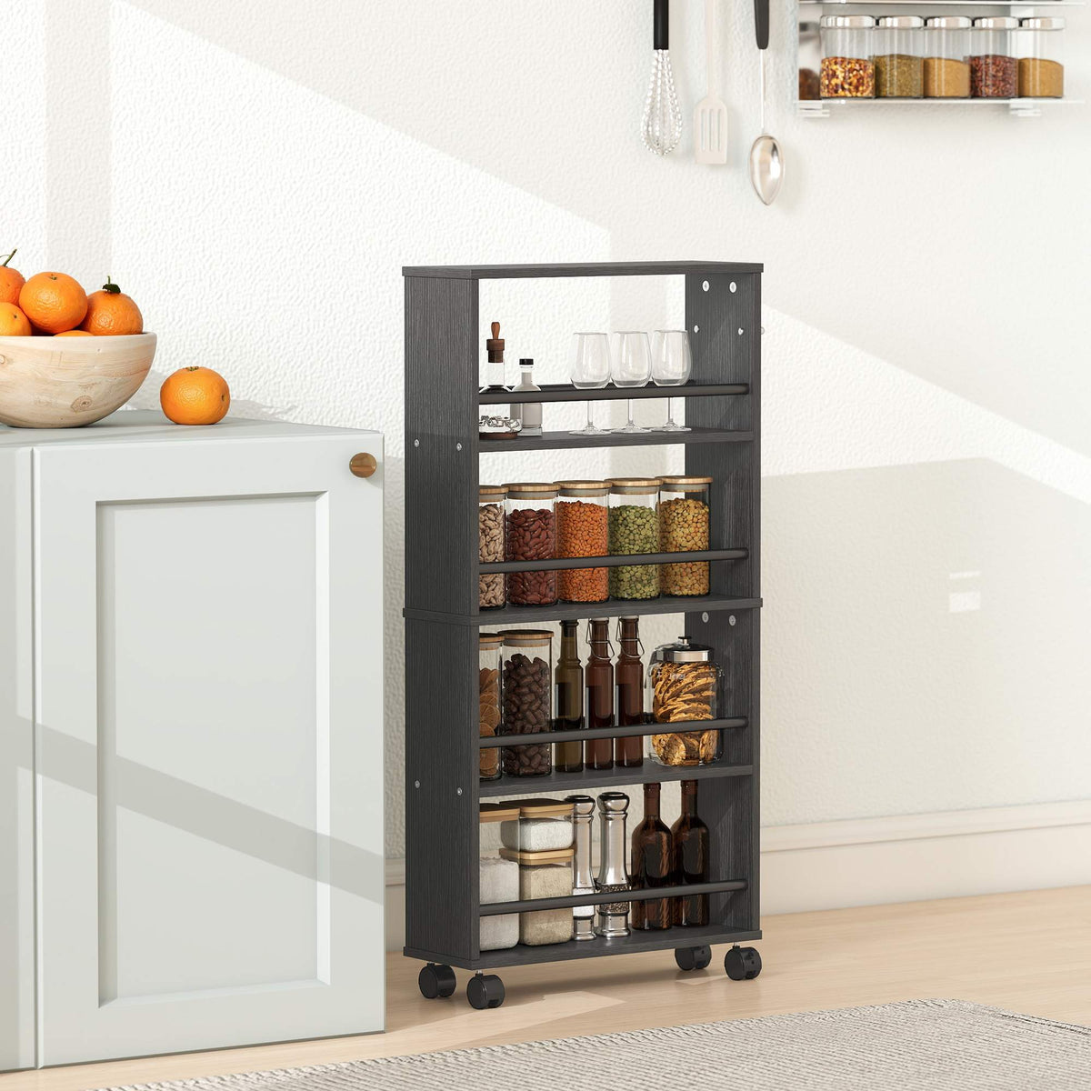 Rullande förvaringshylla, smal design, 4 våningar, 45x15x91 cm, svart