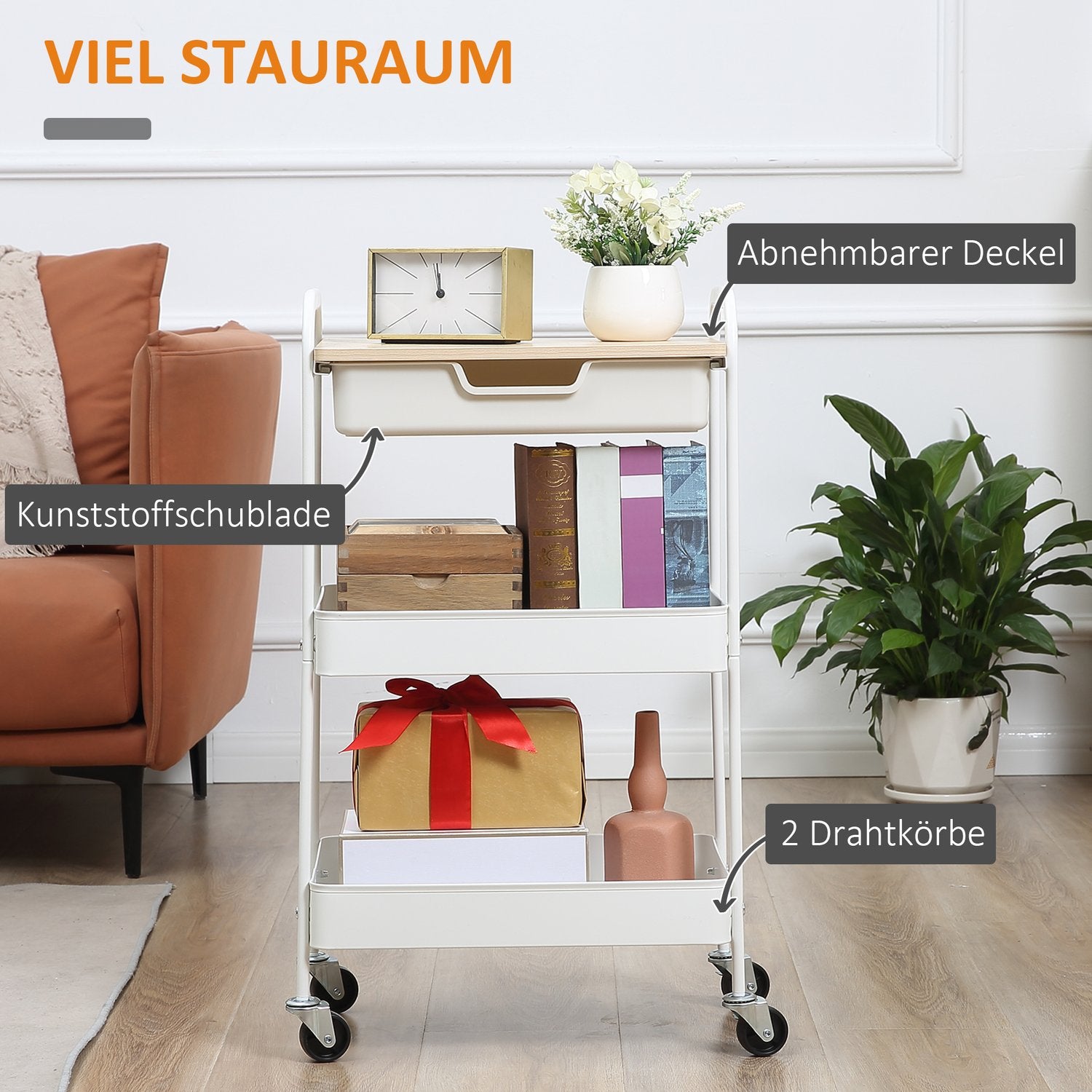 Rullande förvaringsvagn med hyllor och låda, vitt stål