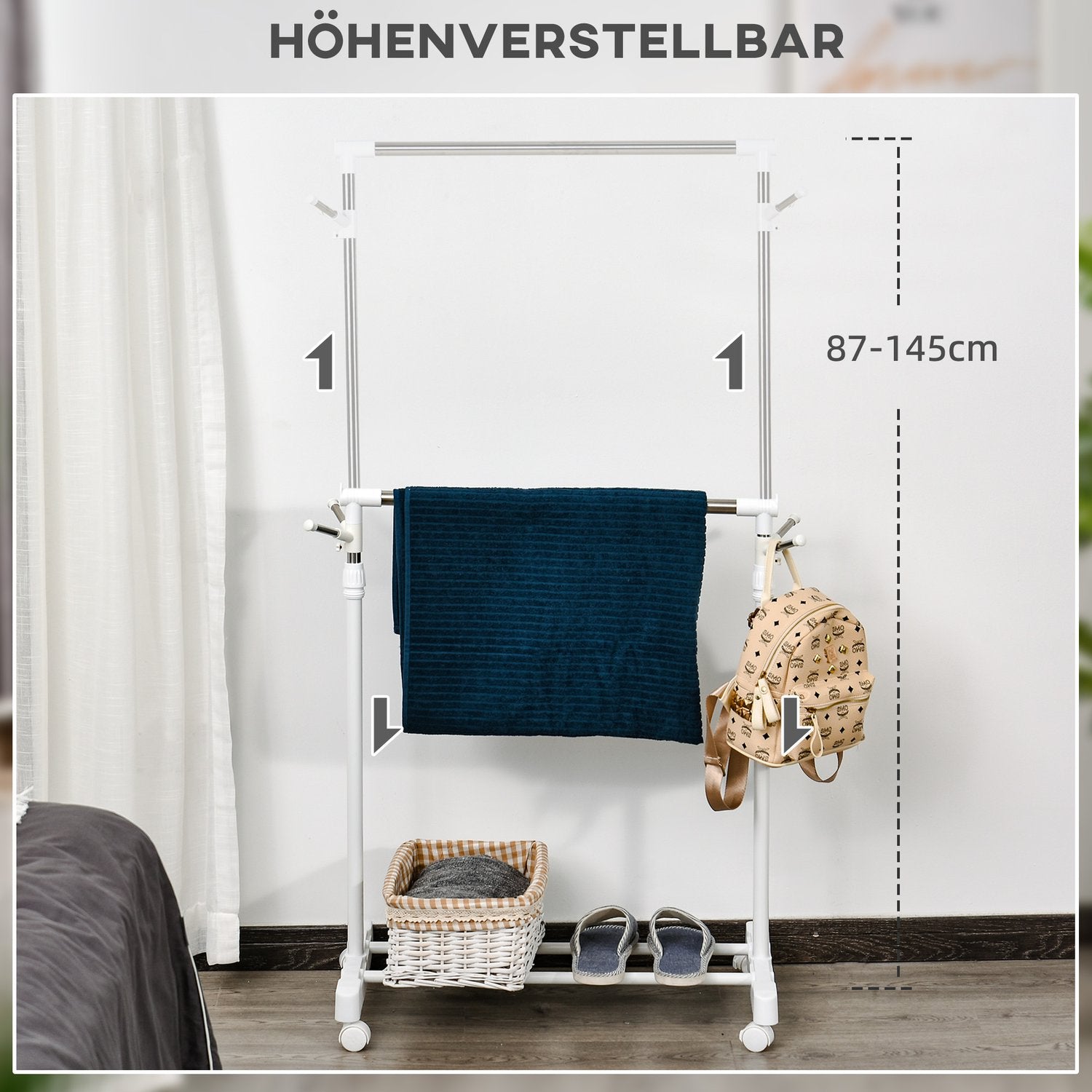 Rullande klädhängare, höj- och sänkbar, med nedre hylla, 4 hjul, vit