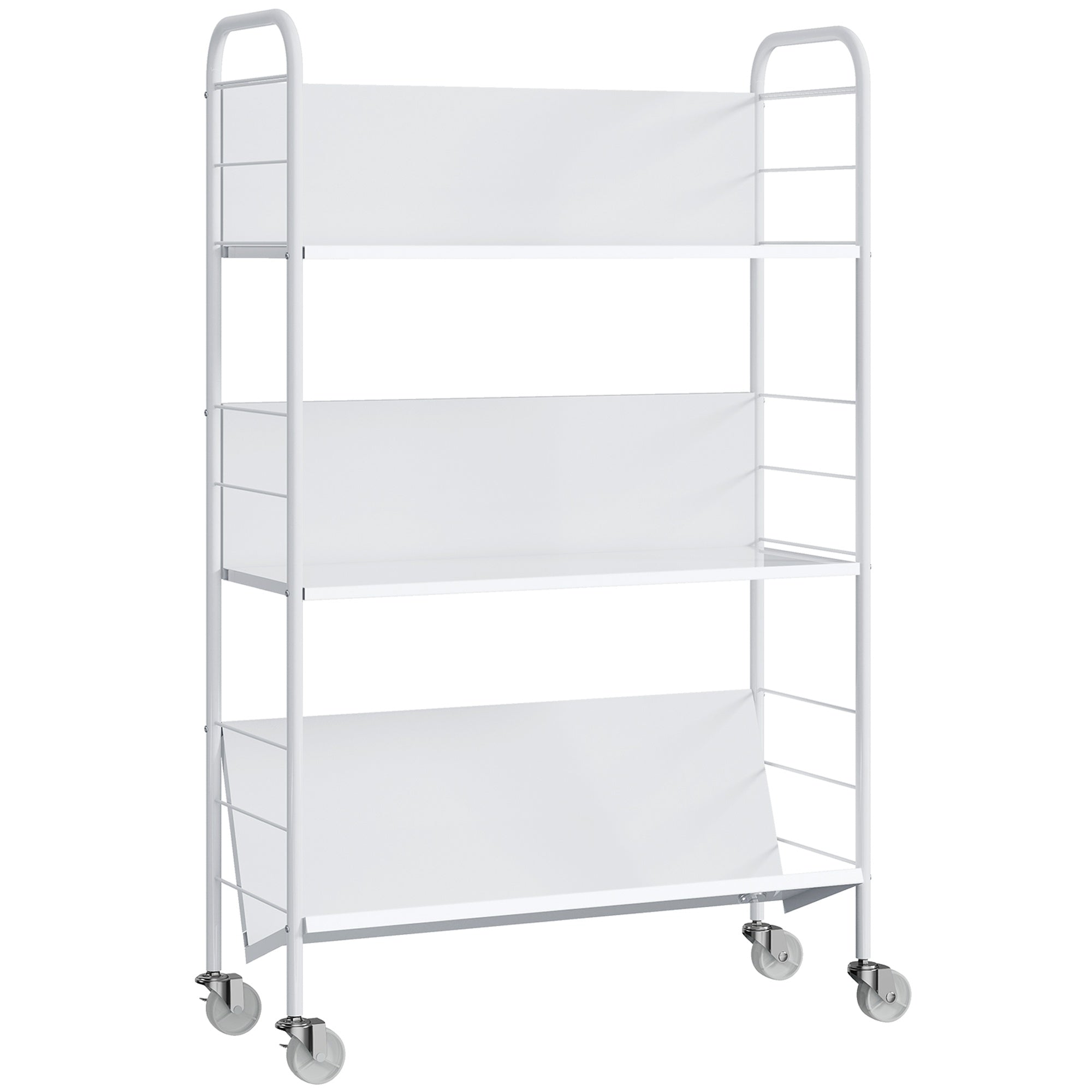 Rullande metallbokhylla med 3 våningar, 69x26x108 cm, vit