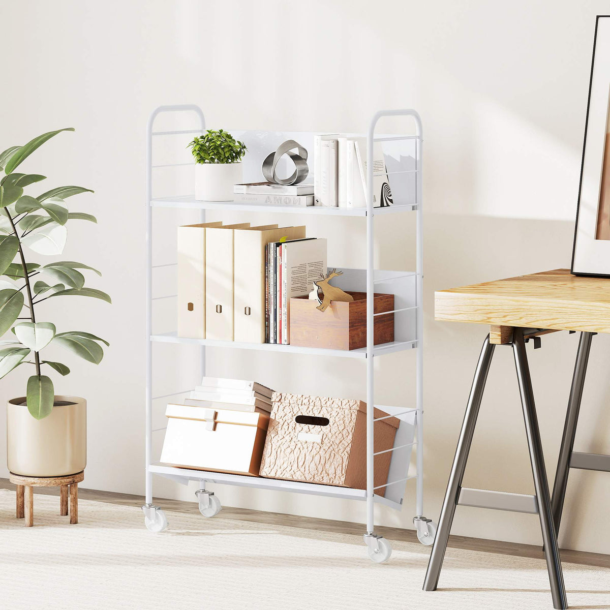Rullande metallbokhylla med 3 våningar, 69x26x108 cm, vit