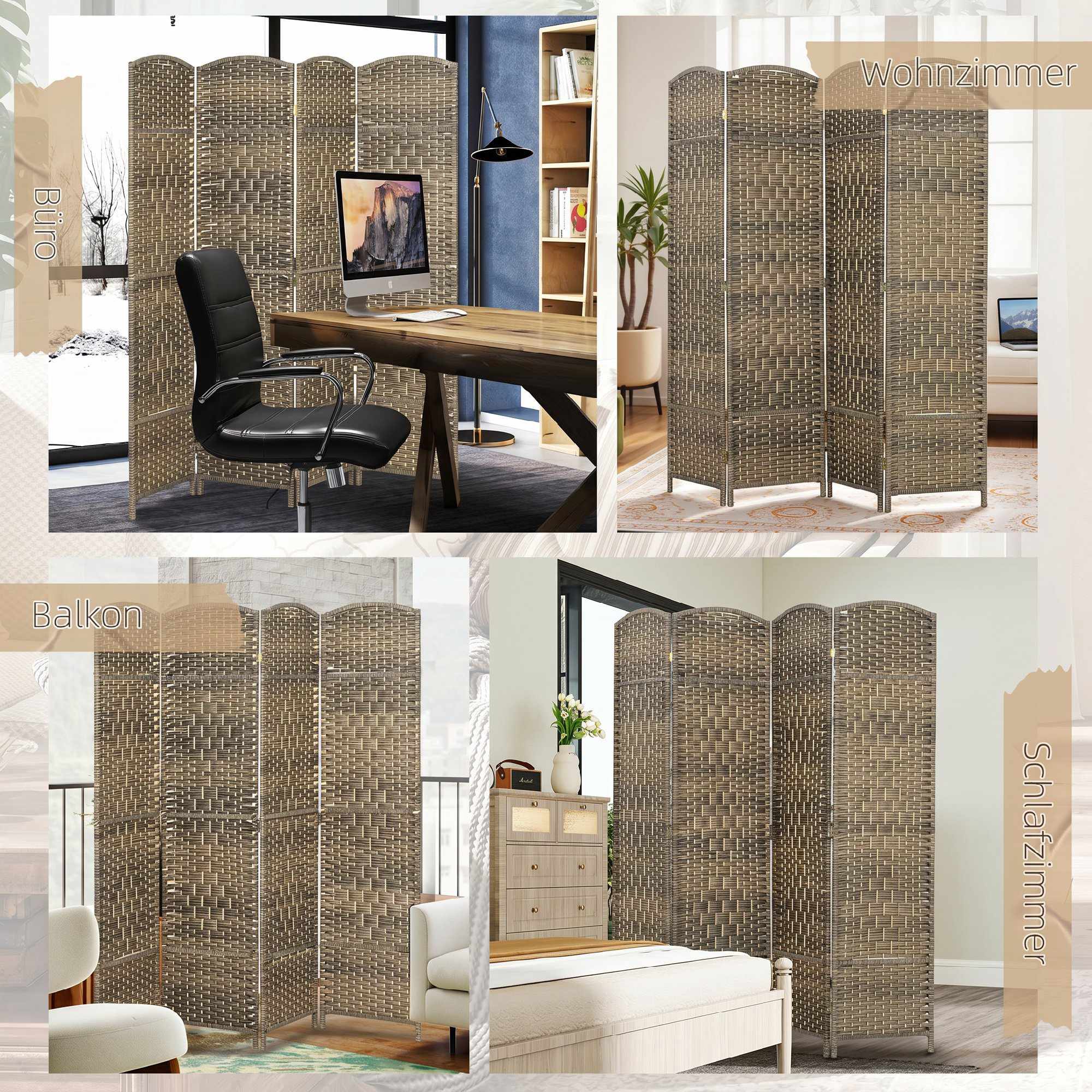 Rumsavdelare, 4-panels vikskärm, furu, svart