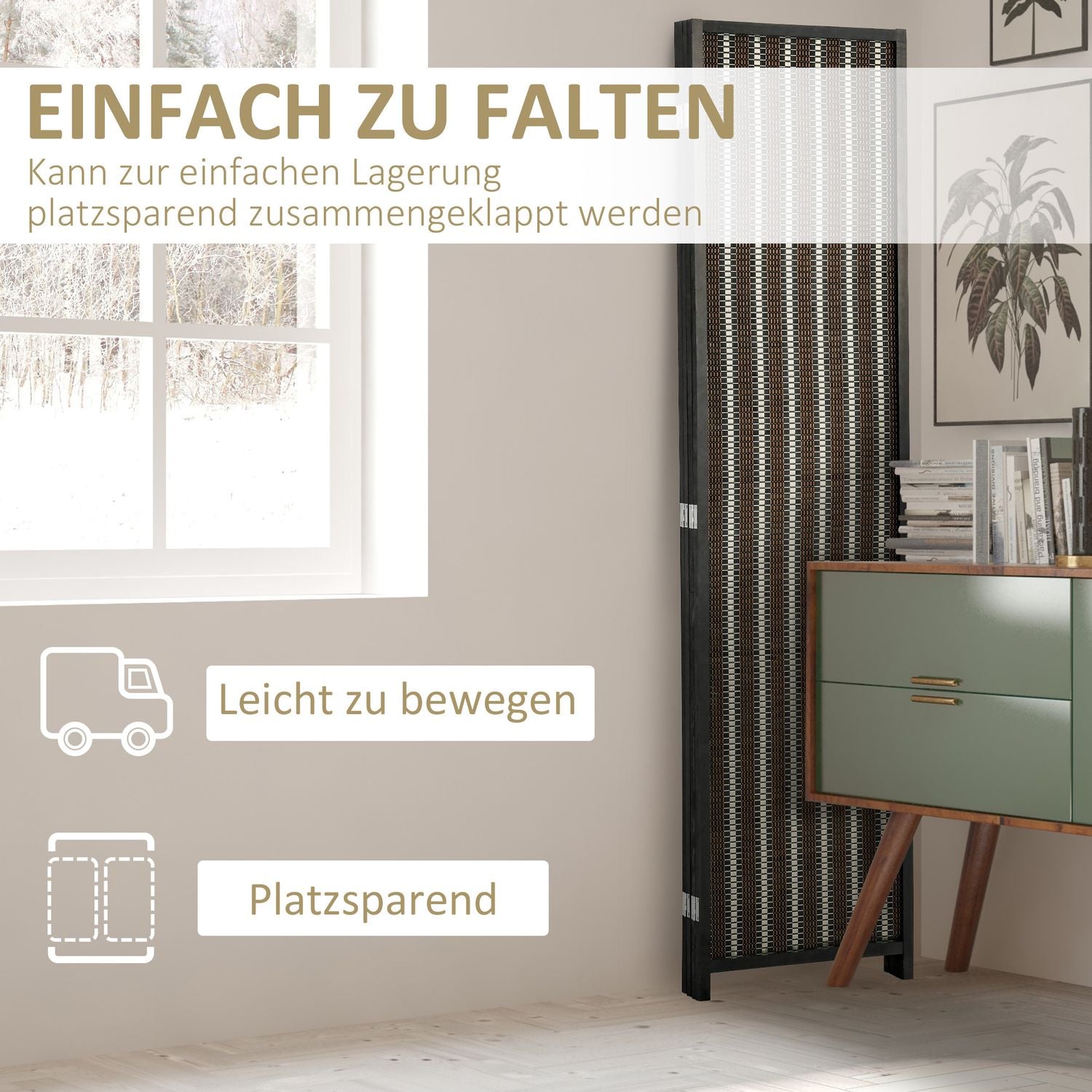 Rumsavdelare av bambu, 4-panel, 180x180 cm, Vikbar Brun