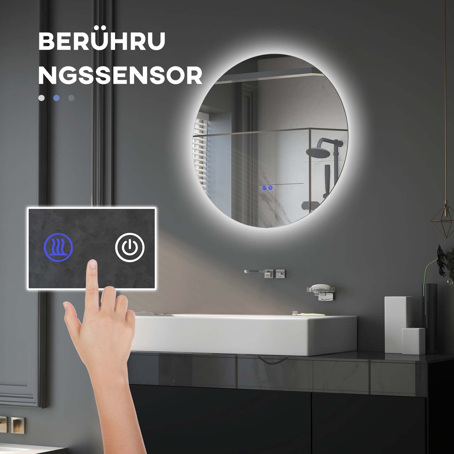 Rund LED Badrumsspegel, Touch Switch, Anti-Imma, 3 ljusfärger