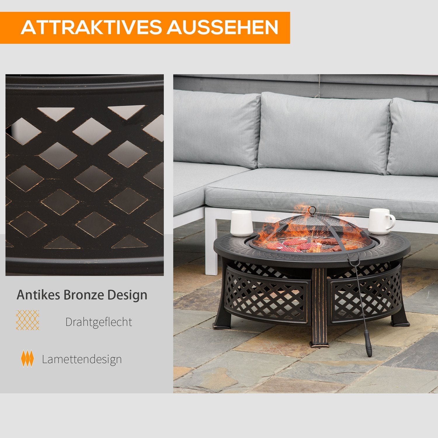 Rund eldstad i stål med gnistskydd för trädgård och grill