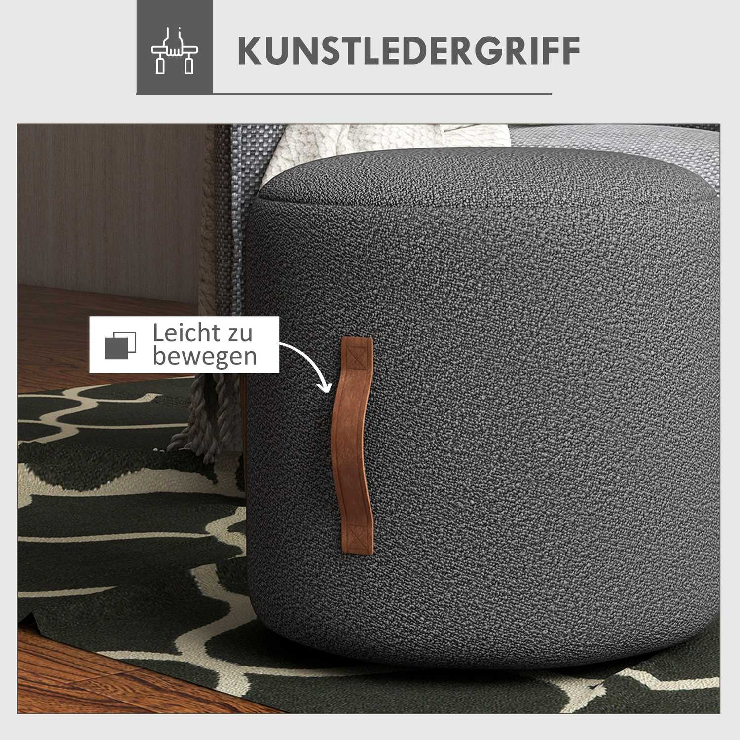 Rund mörkgrå fotpall, ottomansk med handtag – Ø48x45 cm