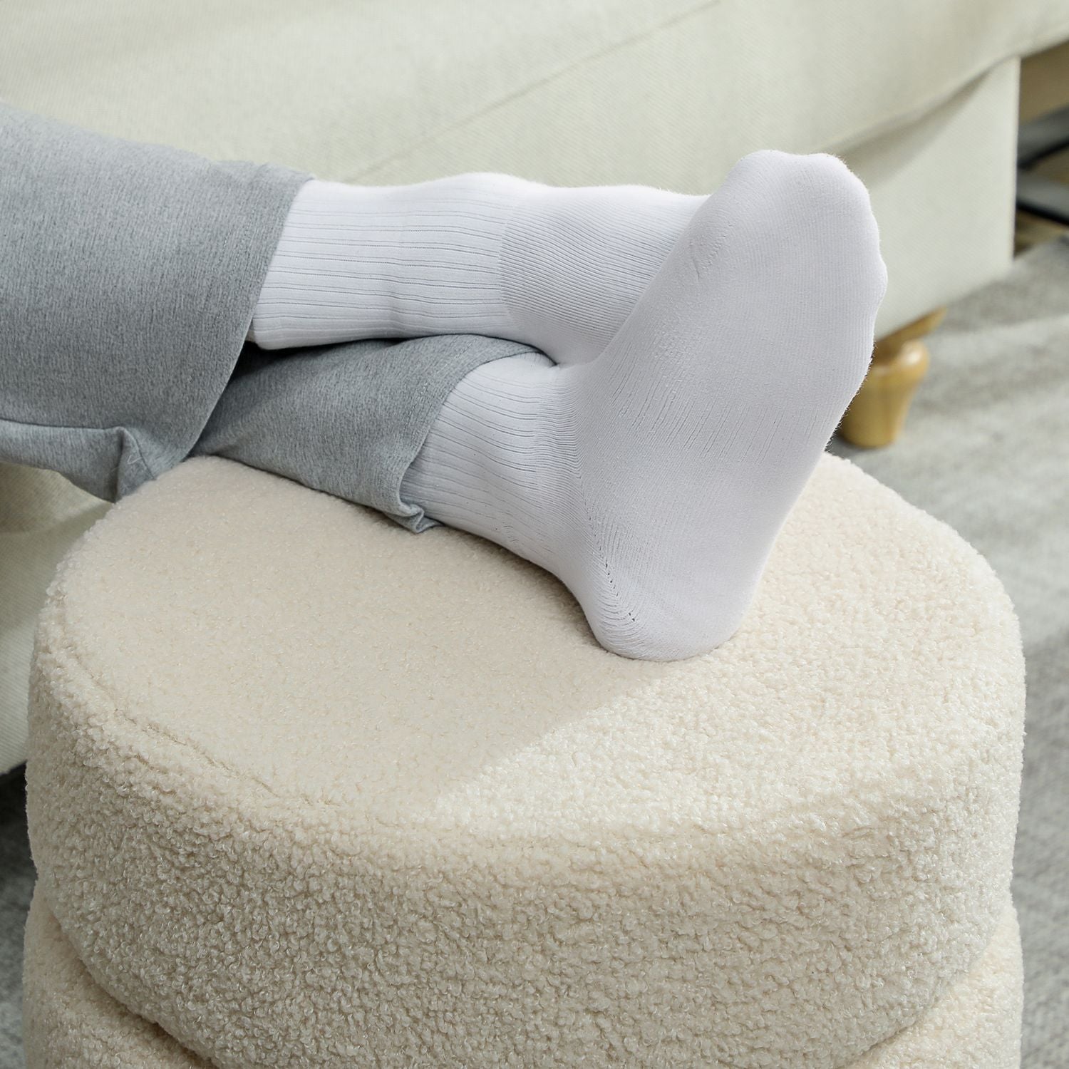 Rund ottoman, Teddy Fleece, 120 kg Kapacitet, Beige