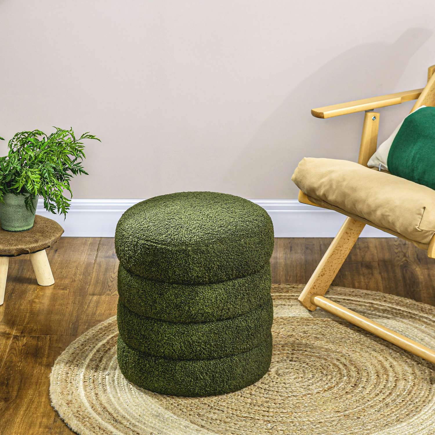 Rund ottoman, Teddy Fleece, 120 kg Kapacitet, Grön
