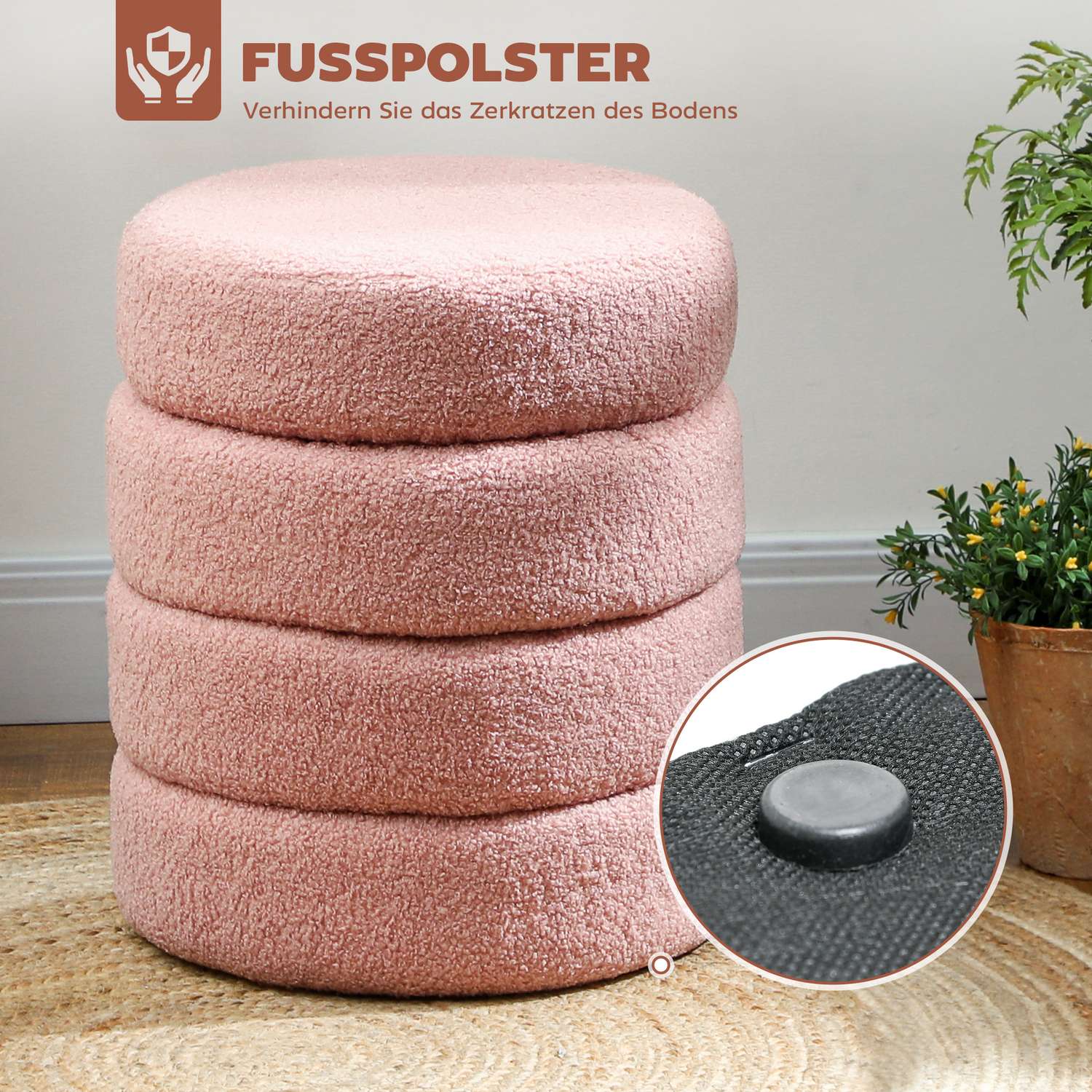Rund ottomansk, Teddy Fleece, Rosa, 120 kg Kapacitet, 40x45 cm