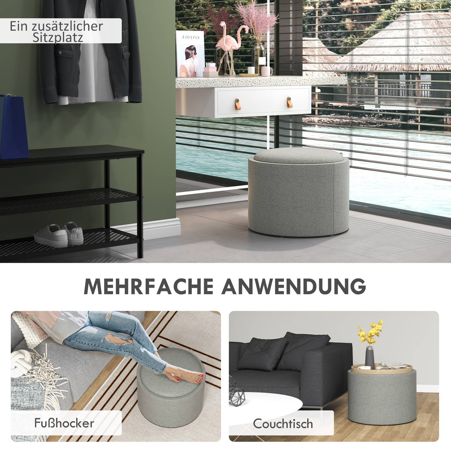 Rund ottomansk pall med förvaring, grå linne – Ø56 x 42 cm