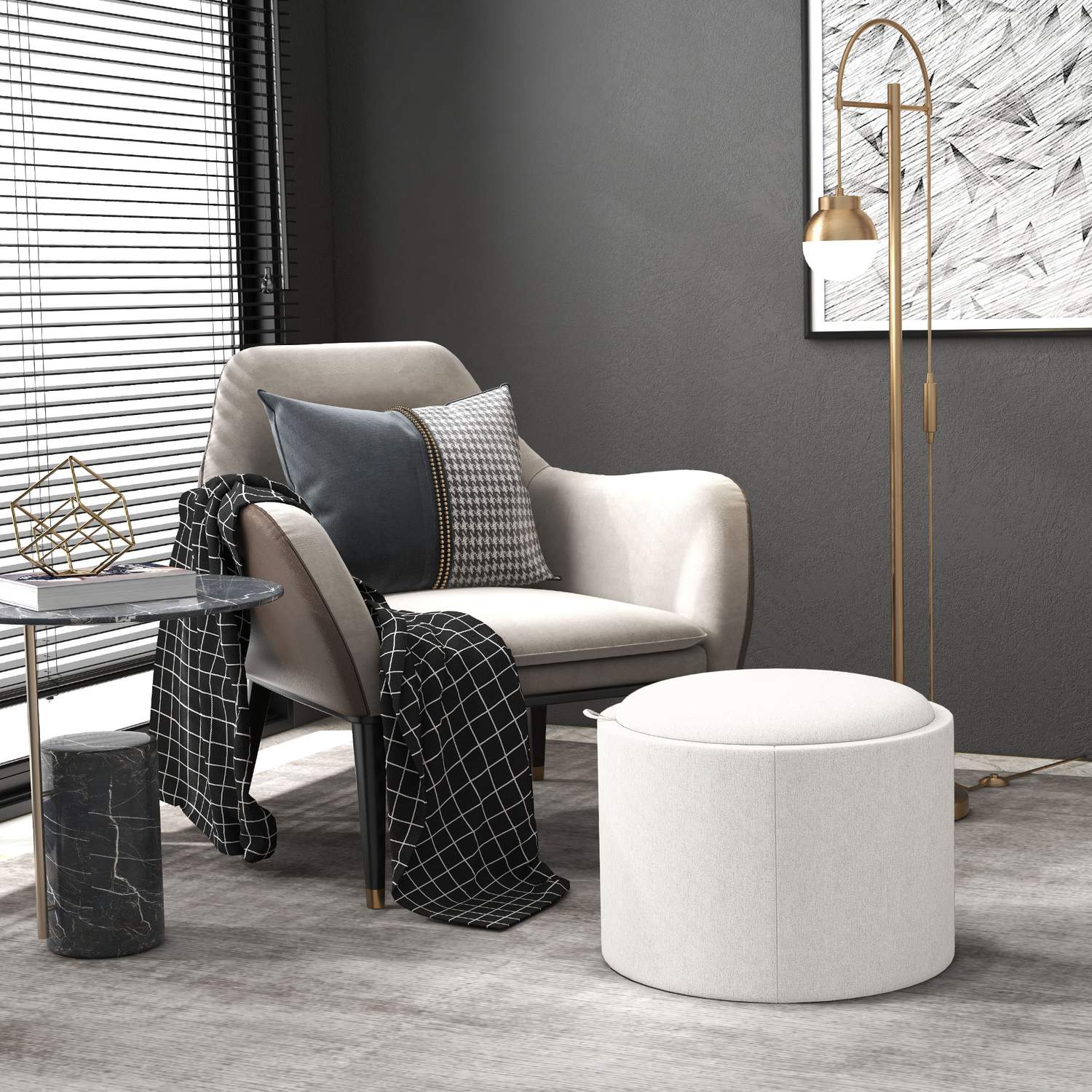 Rund ottomansk pall med förvaring, linnelook, kräm