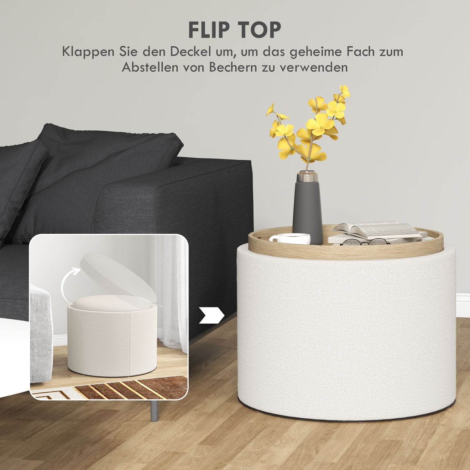 Rund ottomansk pall med förvaring, linnelook, kräm