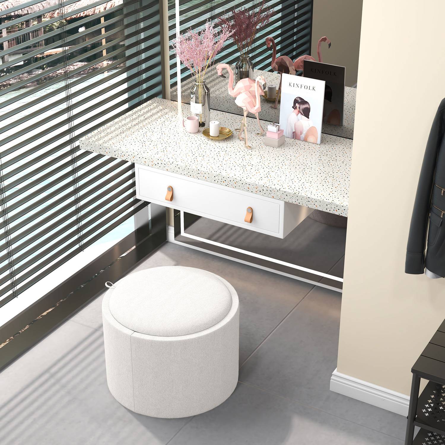 Rund ottomansk pall med förvaring, linnelook, kräm