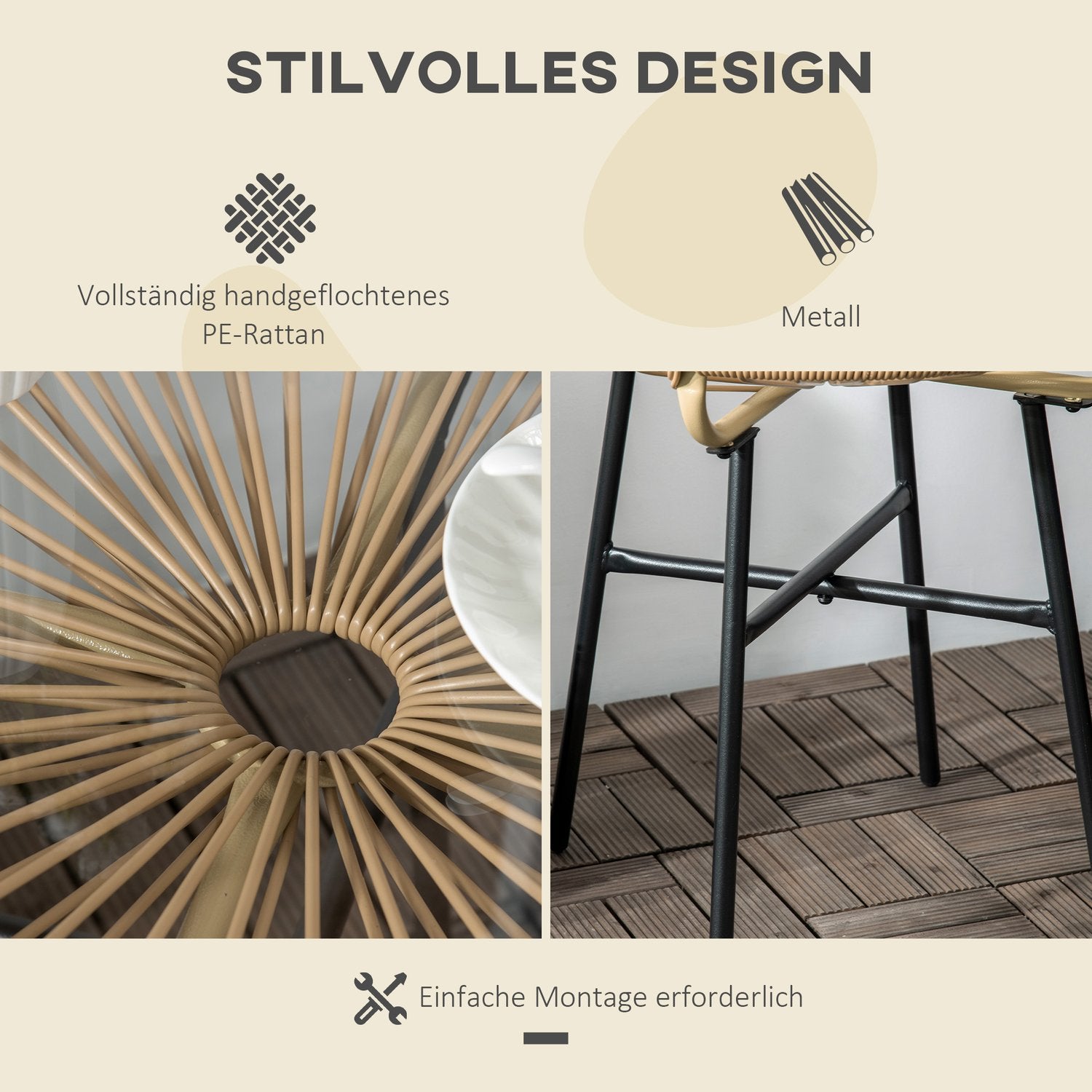 Runt bistrobord för trädgård eller uteplats, svart & beige, 50 cm