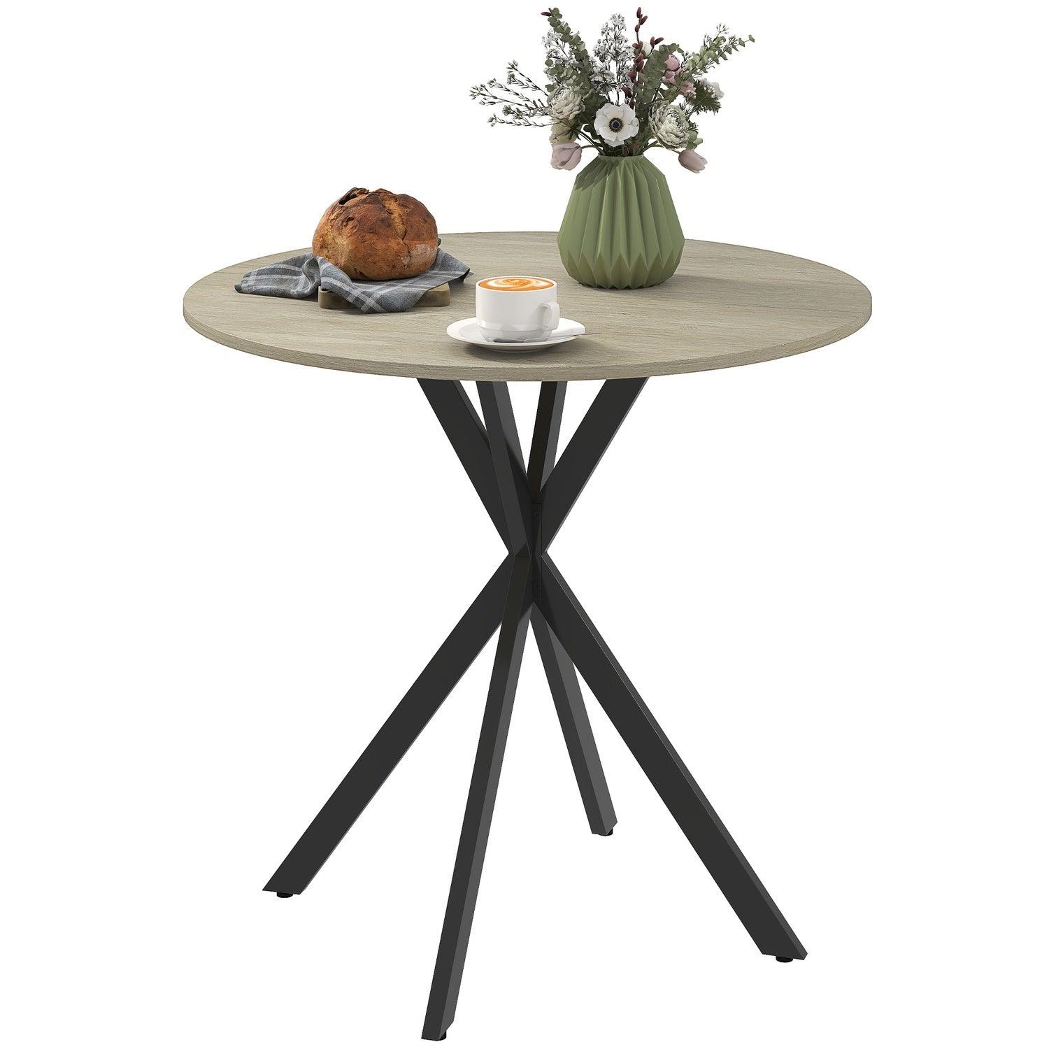 Runt köksbord, 80 cm, kompakt bordsskiva, spånskiva, metall, vit ek+svart