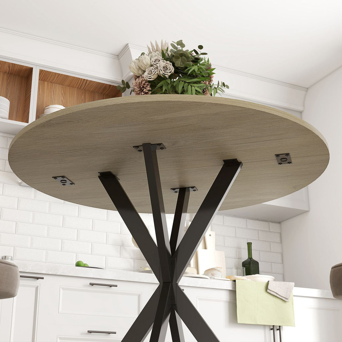 Rundt kjøkkenbord, 80 cm, kompakt bordplate, sponplate, metall, hvit eik+svart