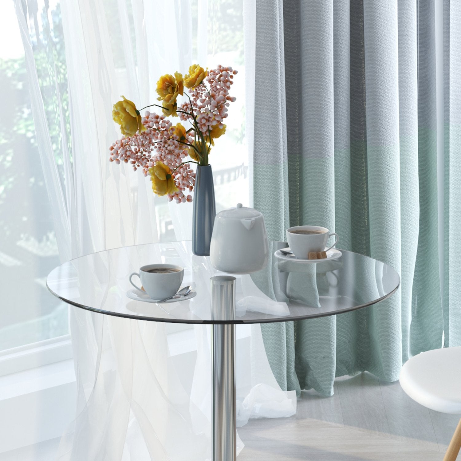 Runt matbord i glas, 70 cm, underrede i metall