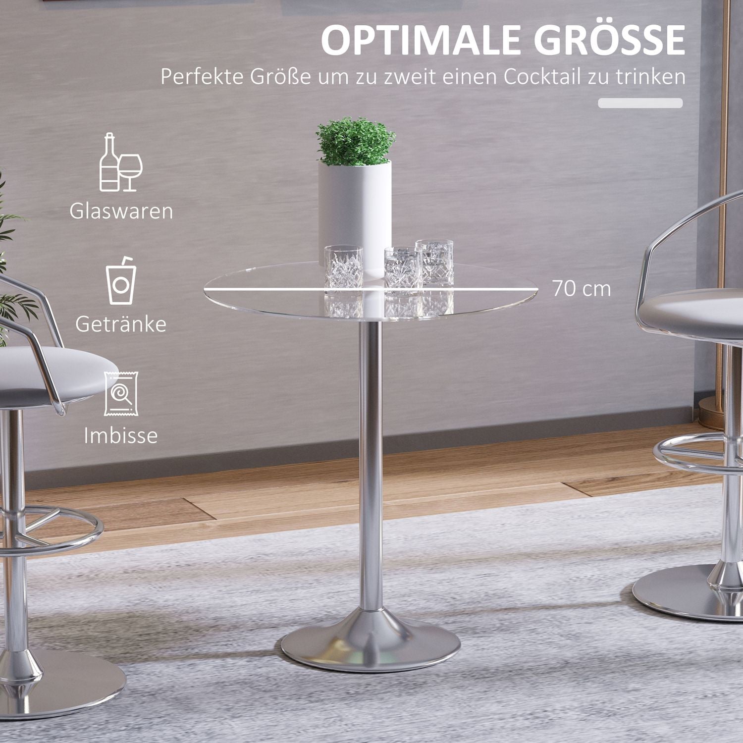 Runt matbord i glas, 70 cm, underrede i metall