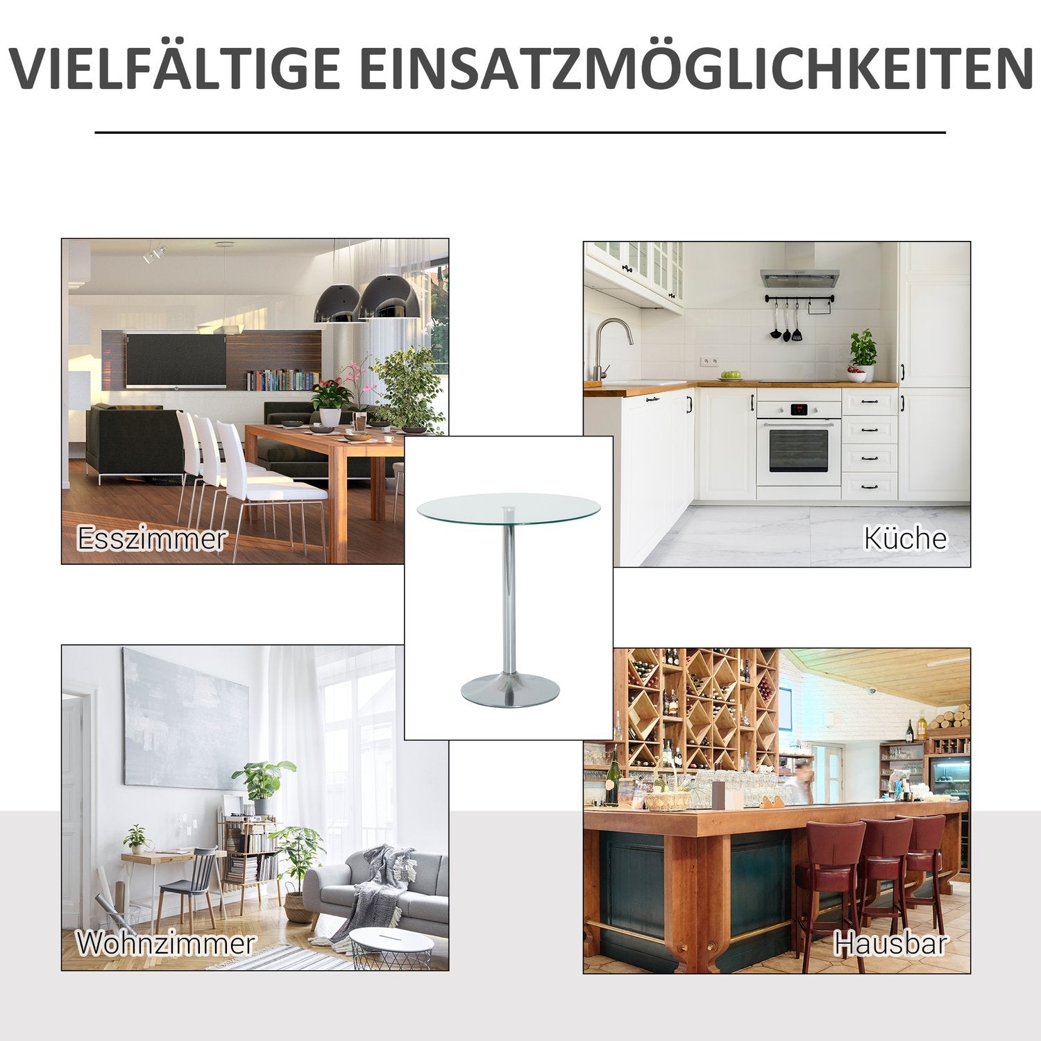 Runt matbord i glas, 70 cm, underrede i metall