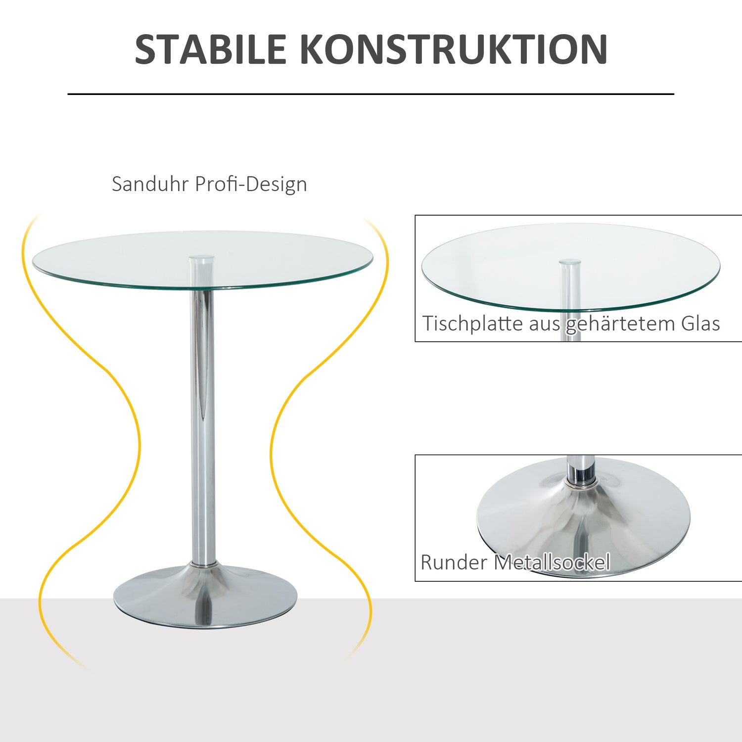 Runt matbord i glas, 70 cm, underrede i metall