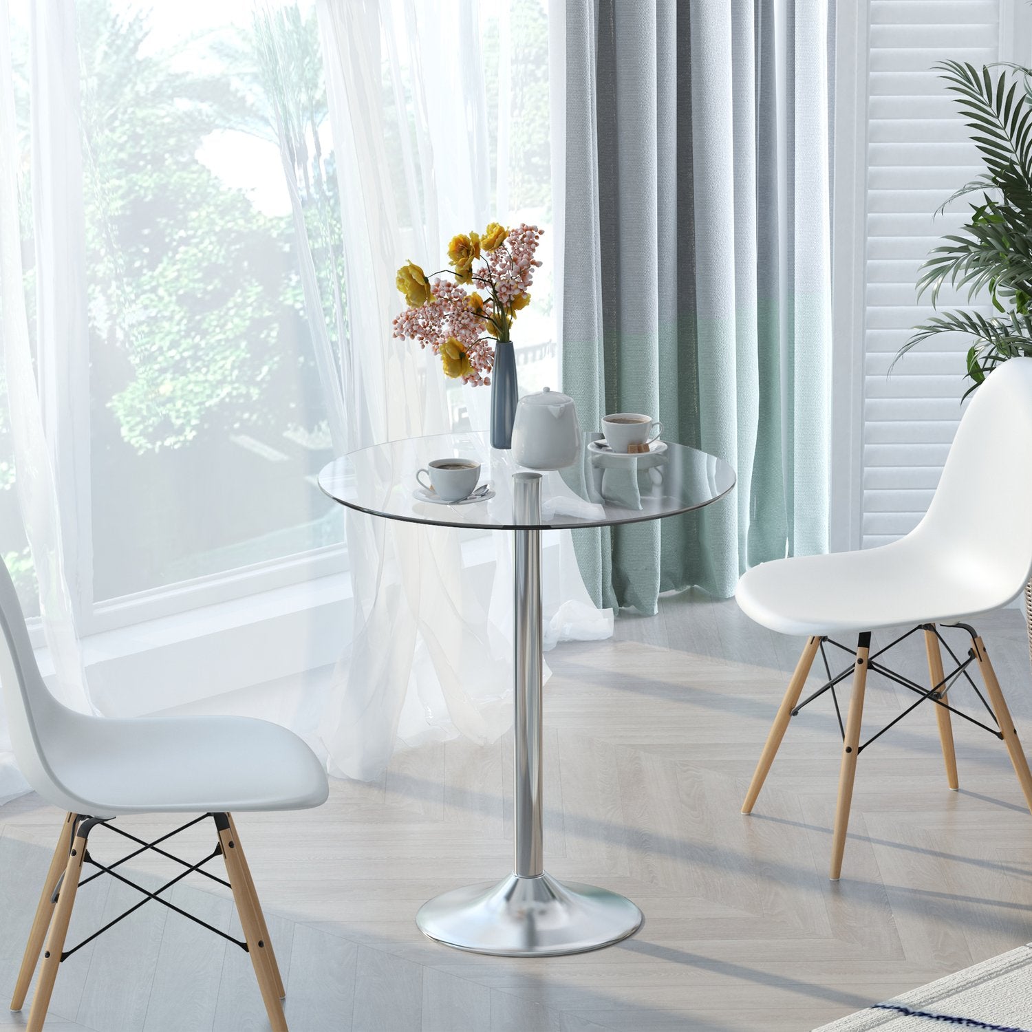 Runt matbord i glas, 70 cm, underrede i metall