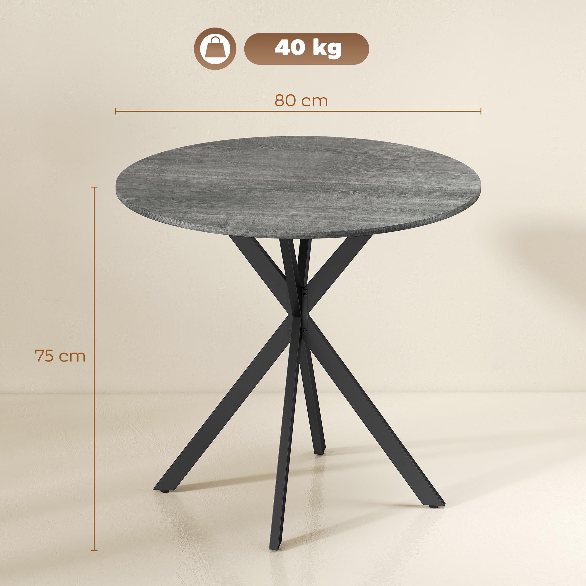 Runt matbord, träliknande yta, 80 cm, stålram