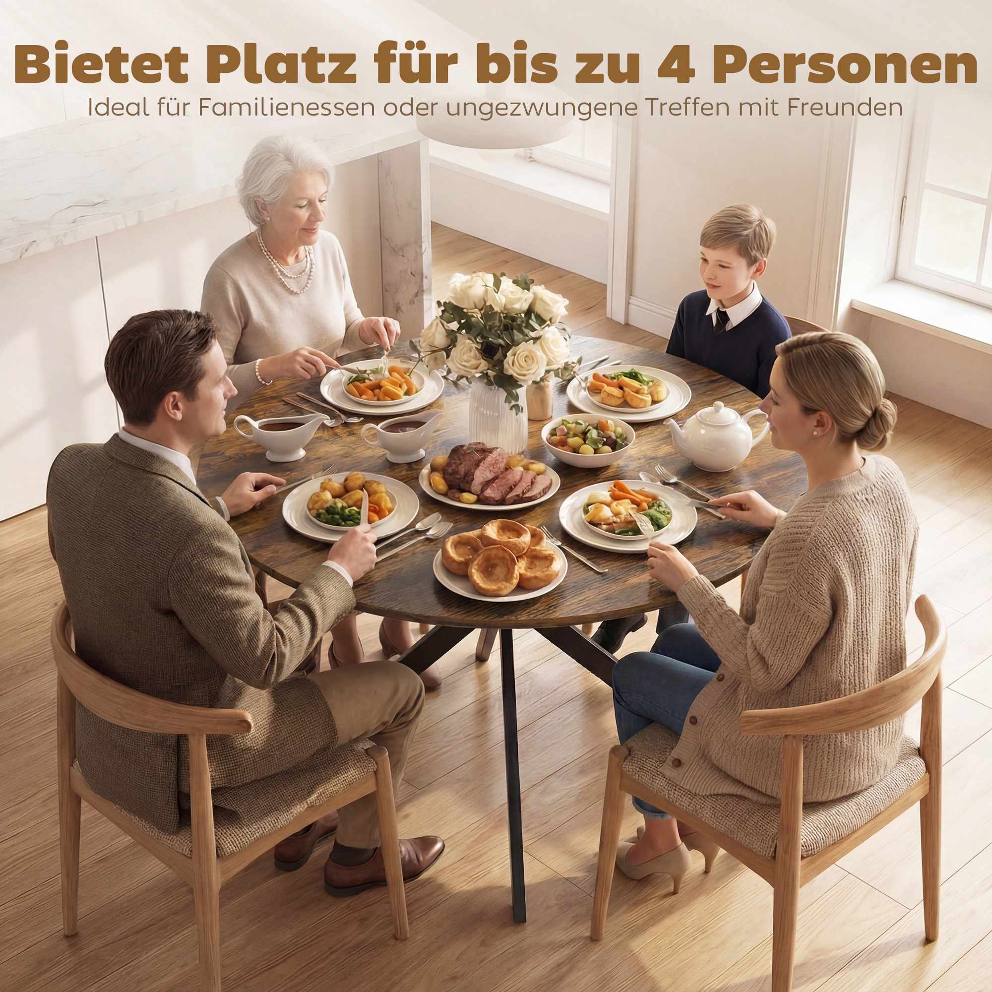 Runt matbord, träliknande yta, plats för 4, Ø100 cm