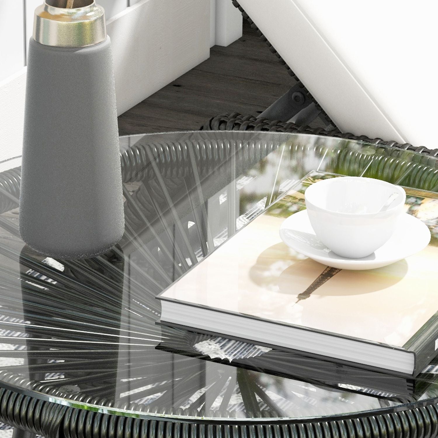 Runt soffbord i rotting, Glasskiva, Svart, 50x50x50cm