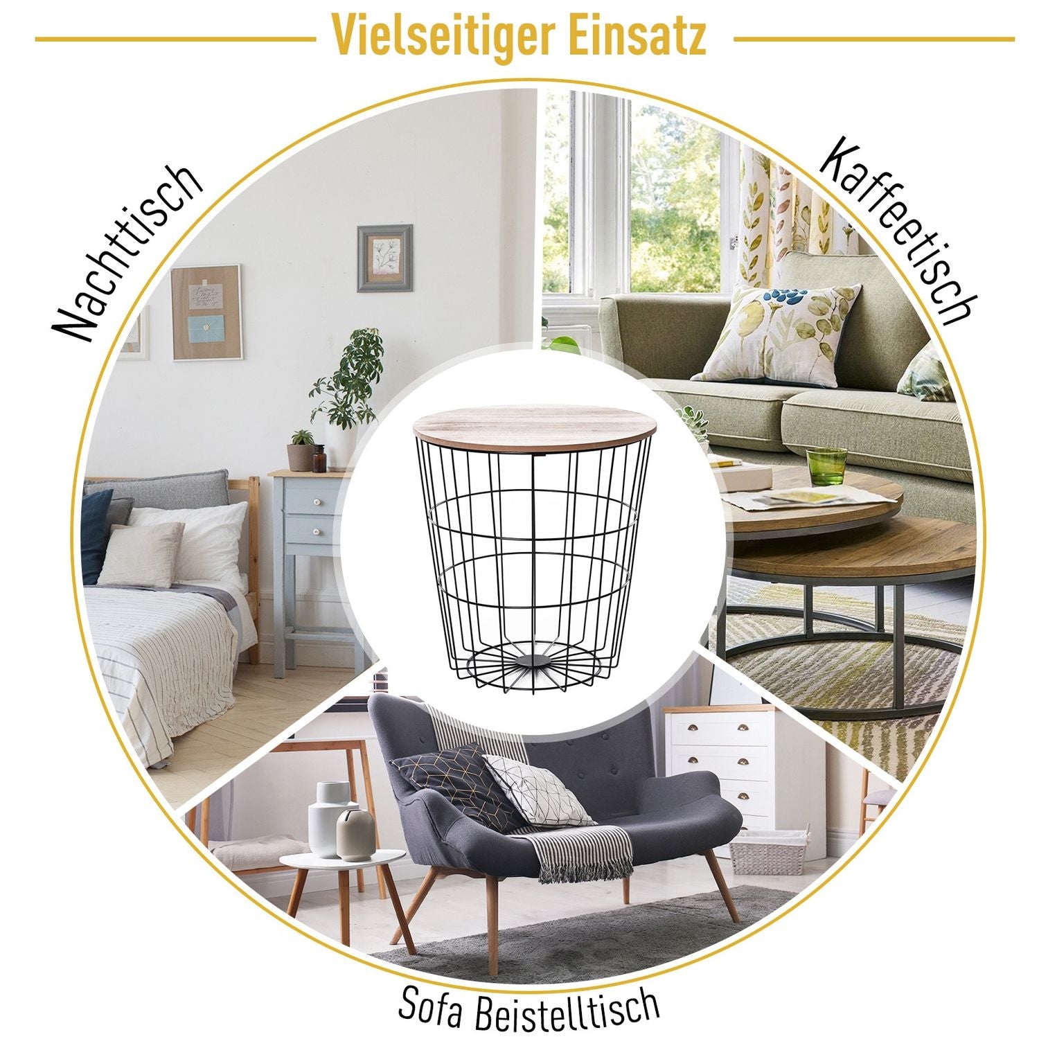 Runt soffbord med förvaring, Naturmetall MDF, Ø39,5X43Cm