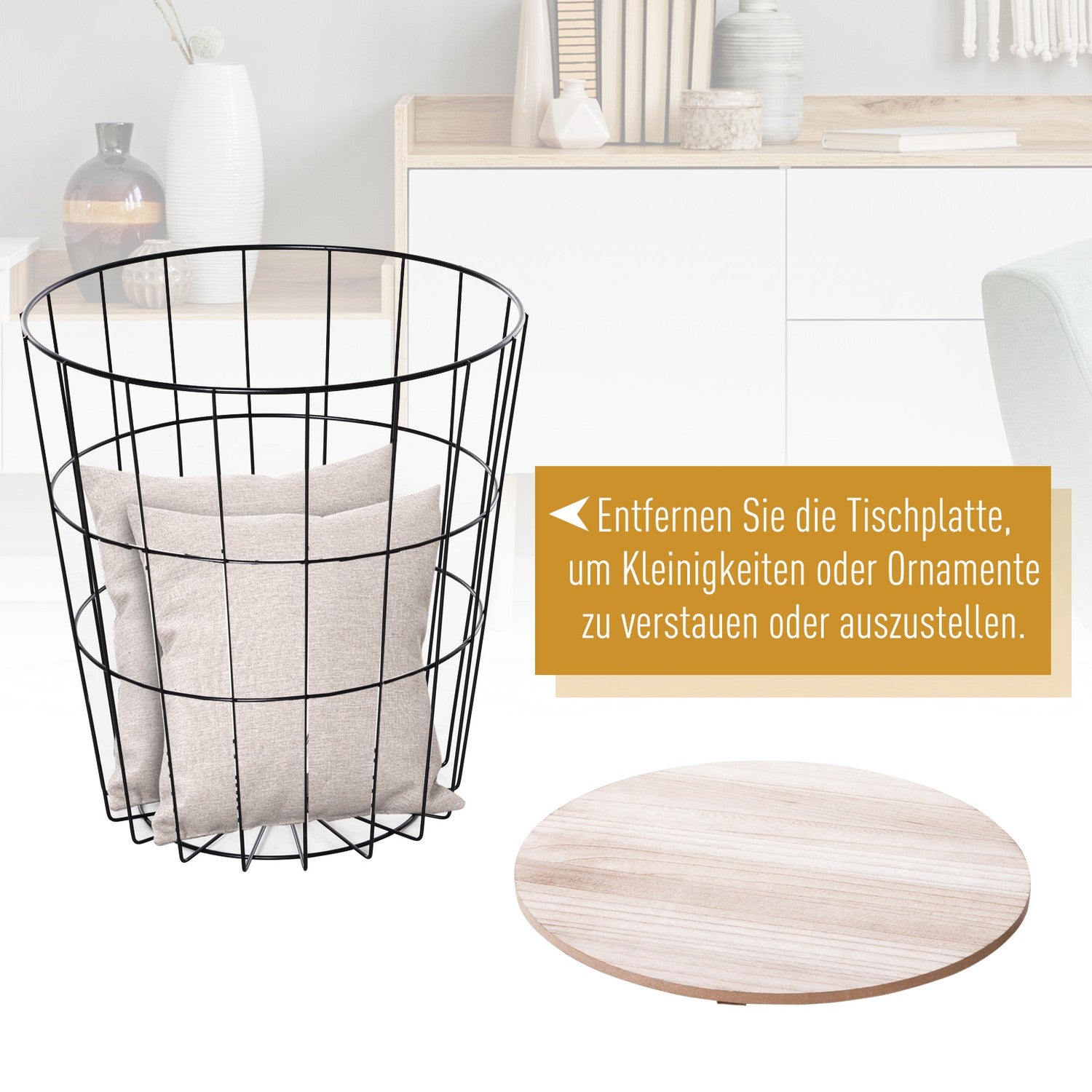 Runt soffbord med förvaring, Naturmetall MDF, Ø39,5X43Cm