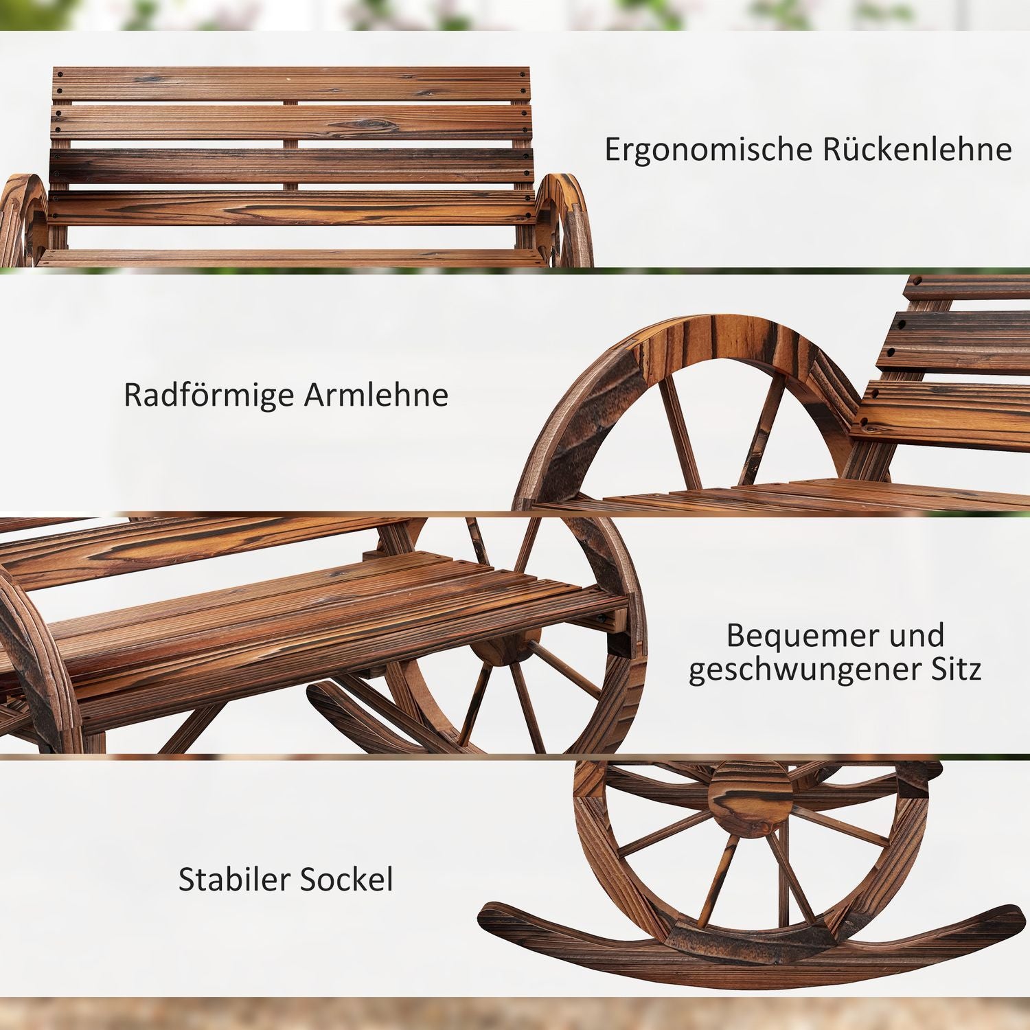 Huskebenk av tre, huskebenk med armlener, 2-seters hagebenk, trebenk for hage, balkong, lastekapasitet opptil 240 kg, karbonisert