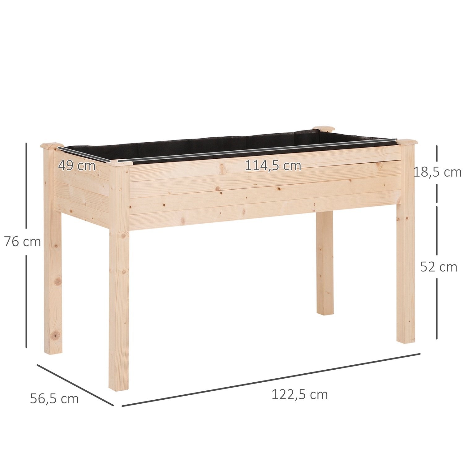 Høybed, plantekasse, blomsterkasse, blomsterpotte, urtebed med dreneringshull, fiberduk, massivt naturtre 122,5 x 56,5 x 76 cm