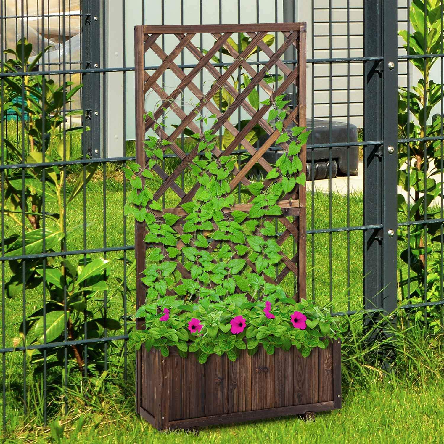 Hevet seng med espalier, blomsterkasse i tre, 72,5 x 31,5 x 149,5 cm, for klatreplanter og roser