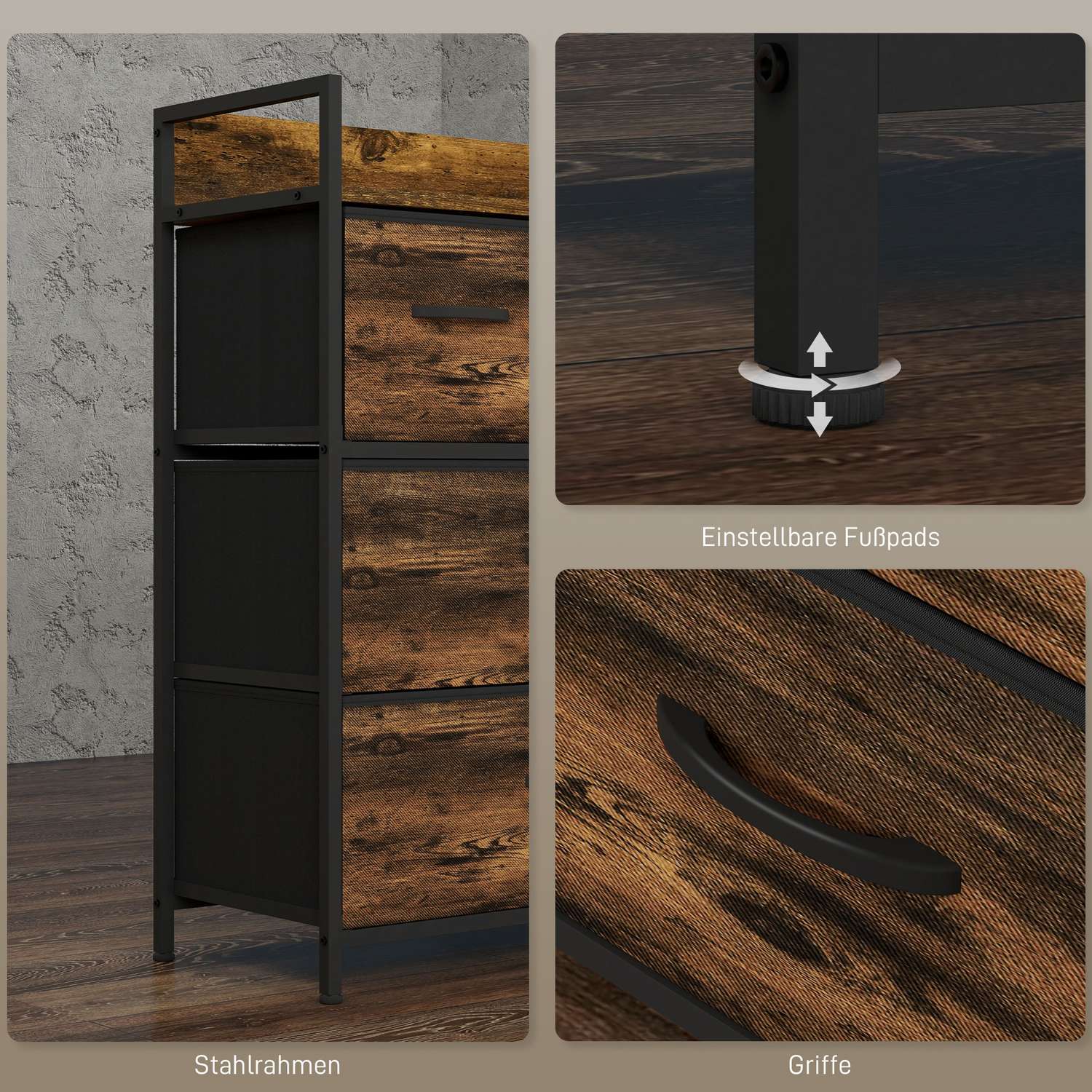 Rustik brun byrå med 4 vikbara tyglådor