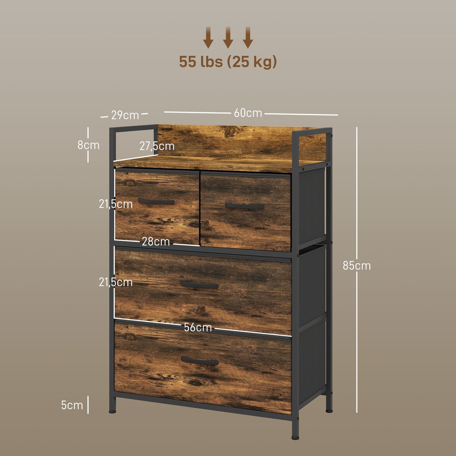 Rustik brun byrå med 4 vikbara tyglådor