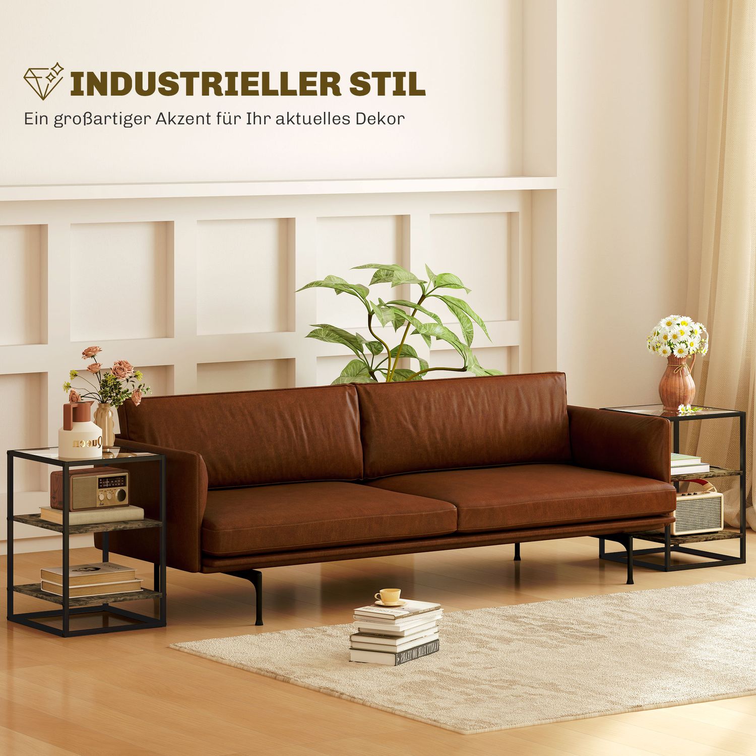 Rustikt brunt 3-vånings soffbord i glas - set om 2