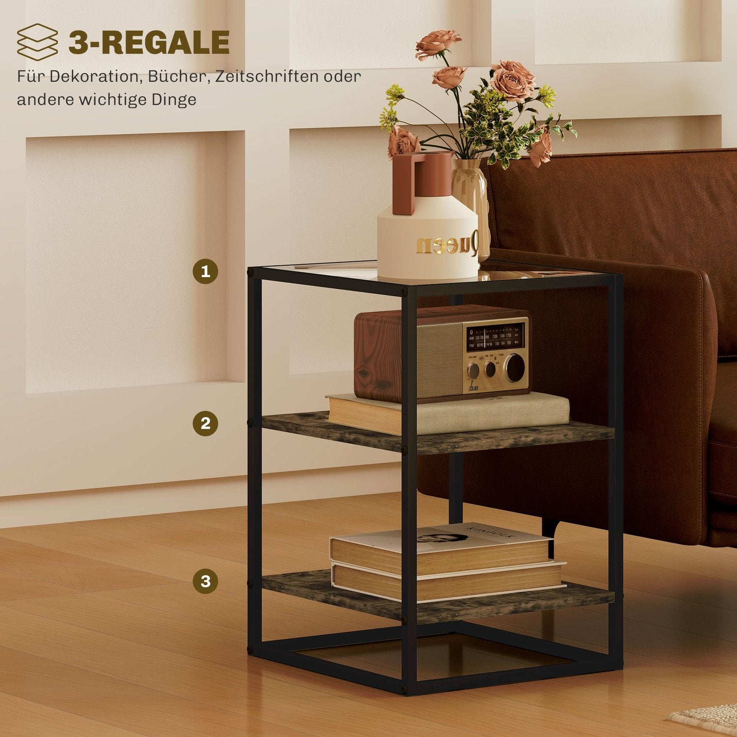 Rustikt brunt 3-vånings soffbord i glas - set om 2