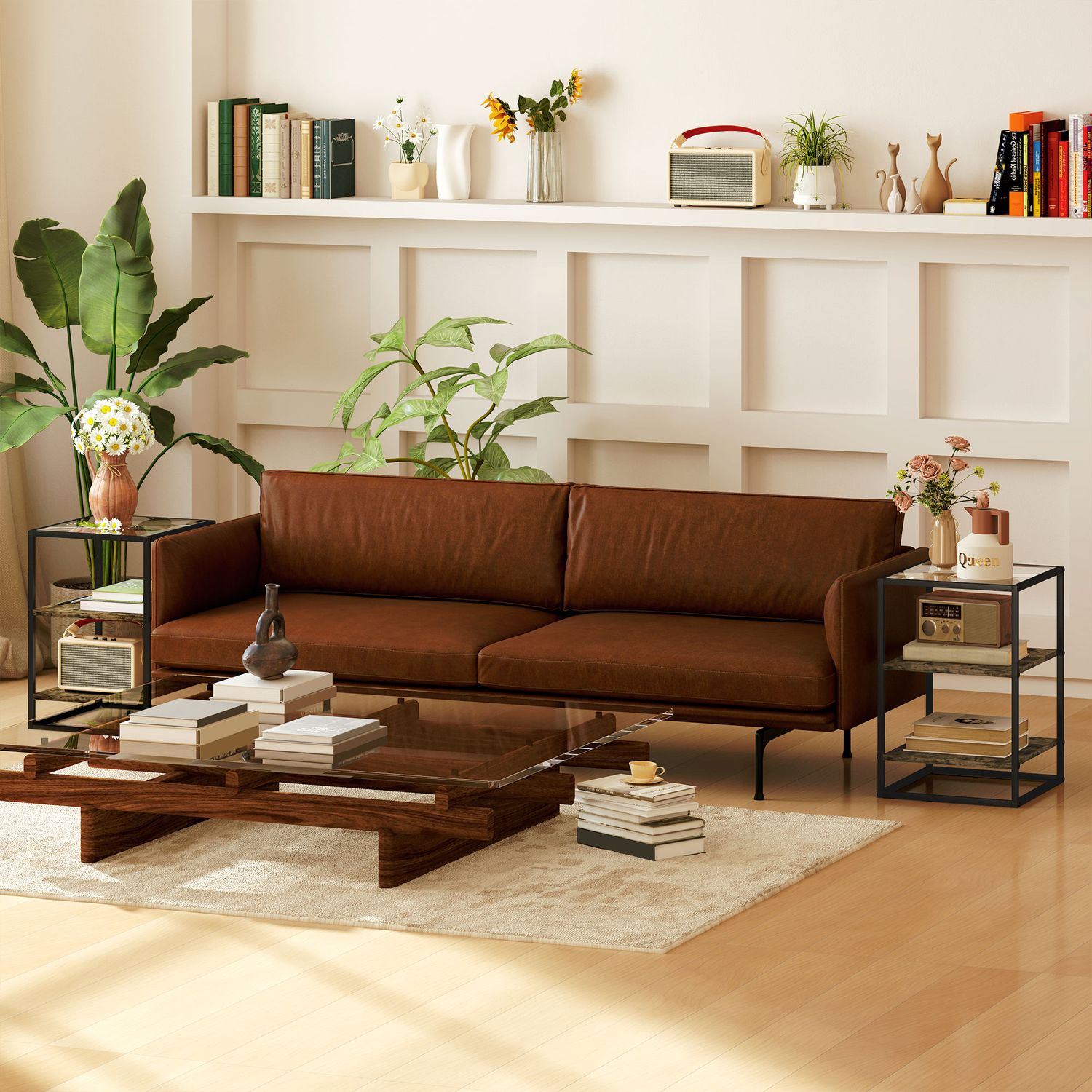 Rustikt brunt 3-vånings soffbord i glas - set om 2