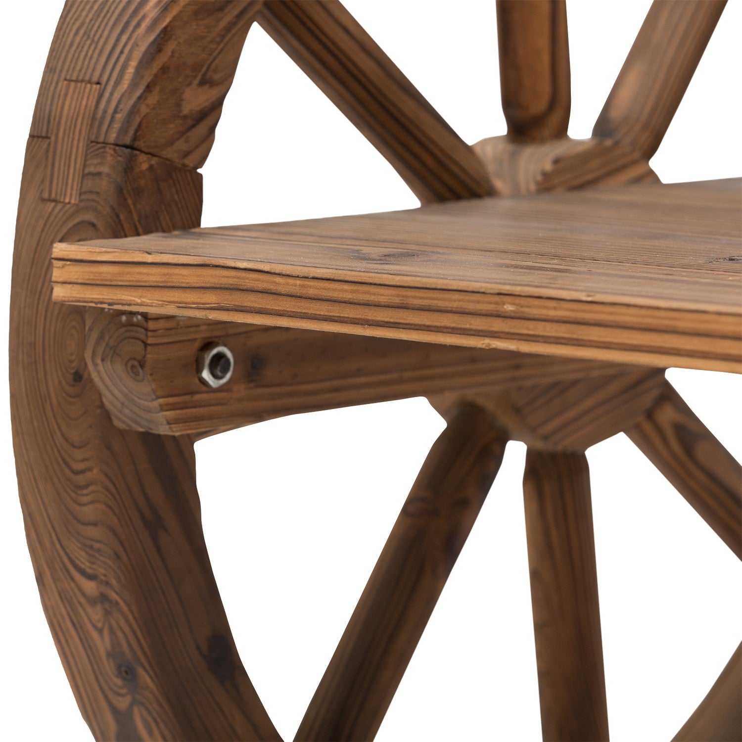 Rustik trädgårdsbänk i massivt trä, vagnhjul & armstöd