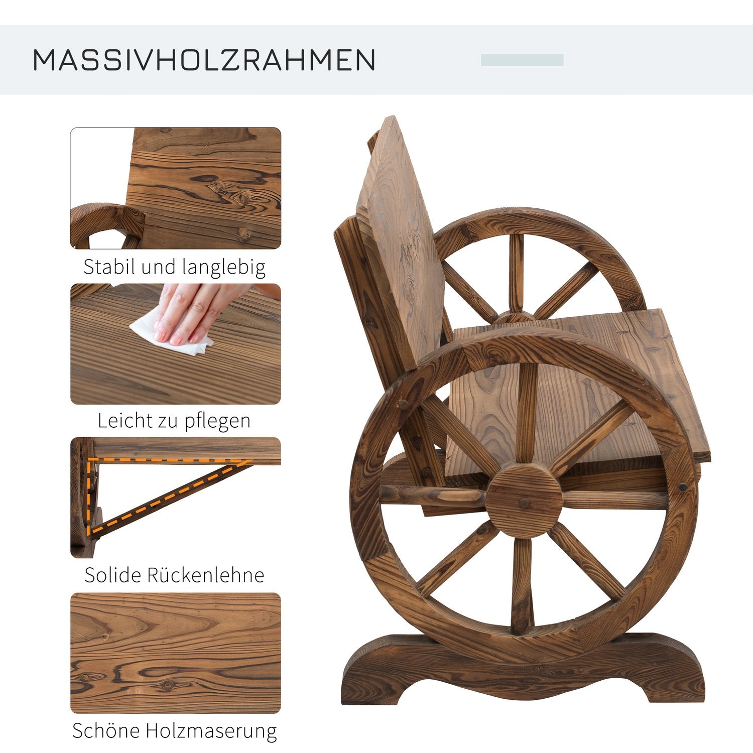 Rustik trädgårdsbänk i massivt trä, vagnhjul & armstöd