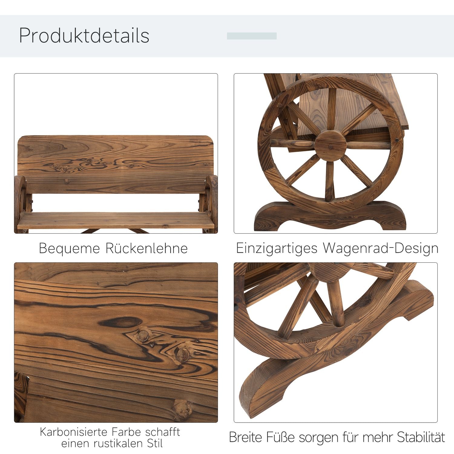 Rustik trädgårdsbänk i massivt trä, vagnhjul & armstöd