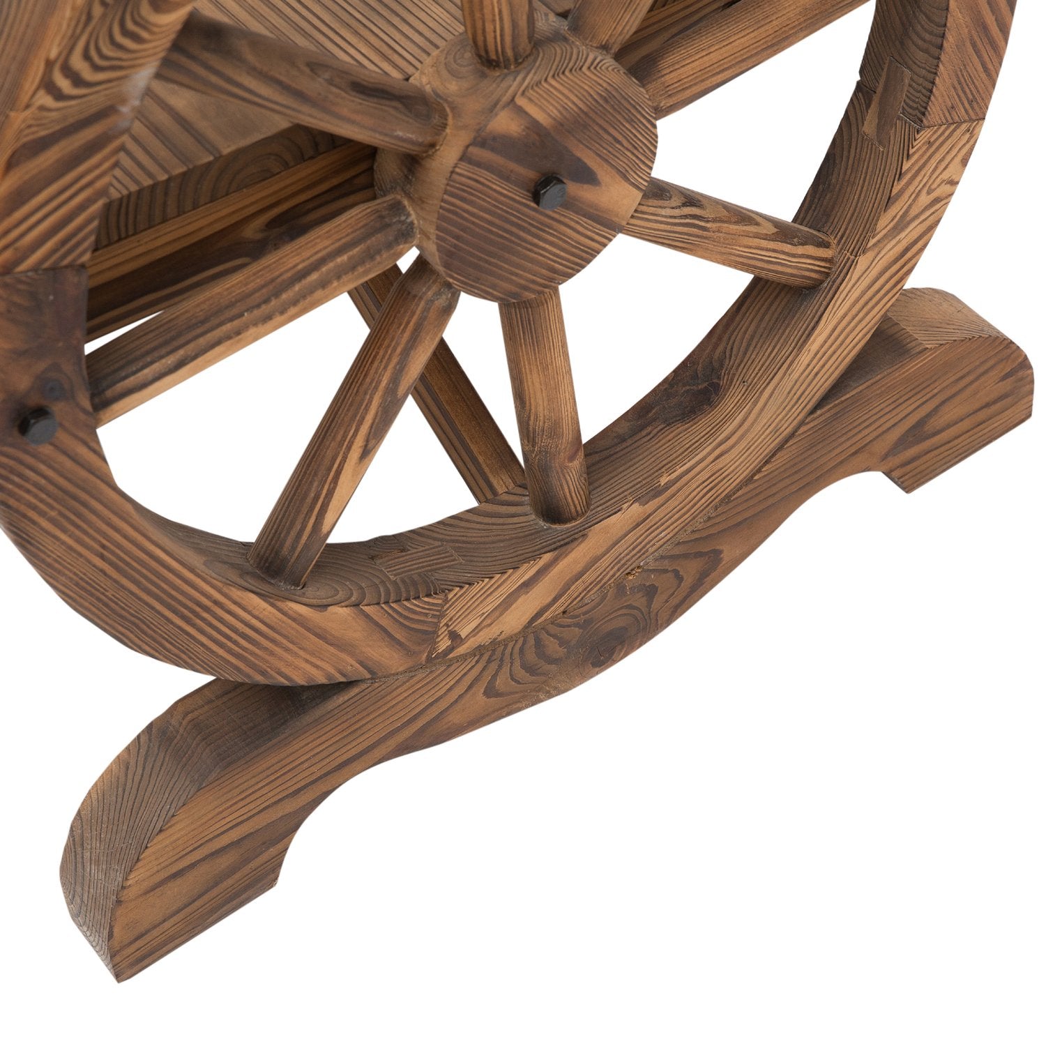 Rustik trädgårdsbänk i massivt trä, vagnhjul & armstöd