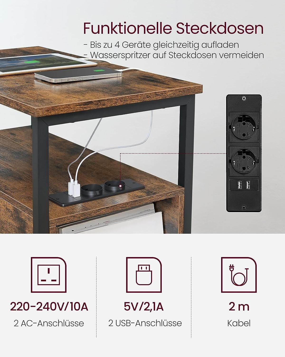 Rustikk sidebord med innebygd Power Strip og oppbevaring