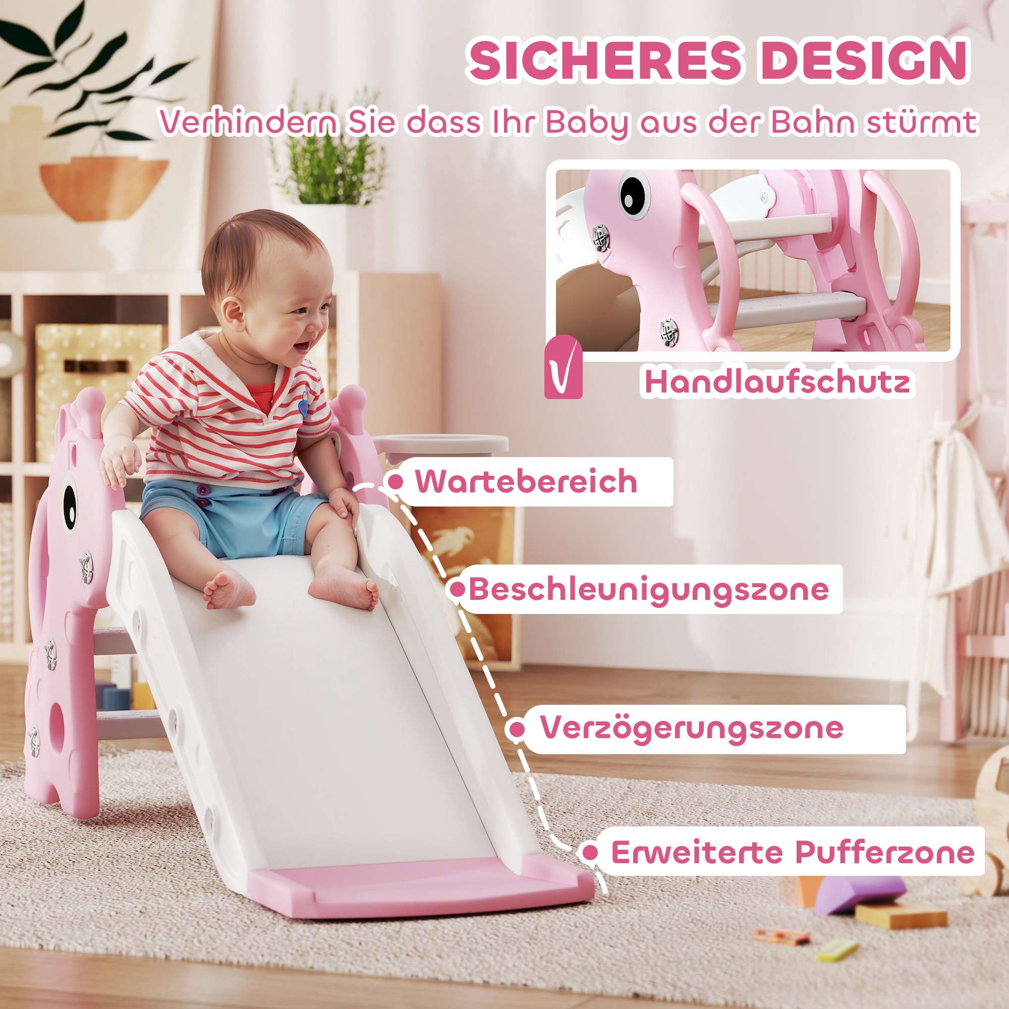 Rutschkana med basketkorg för småbarn, giraffdesign, rosa